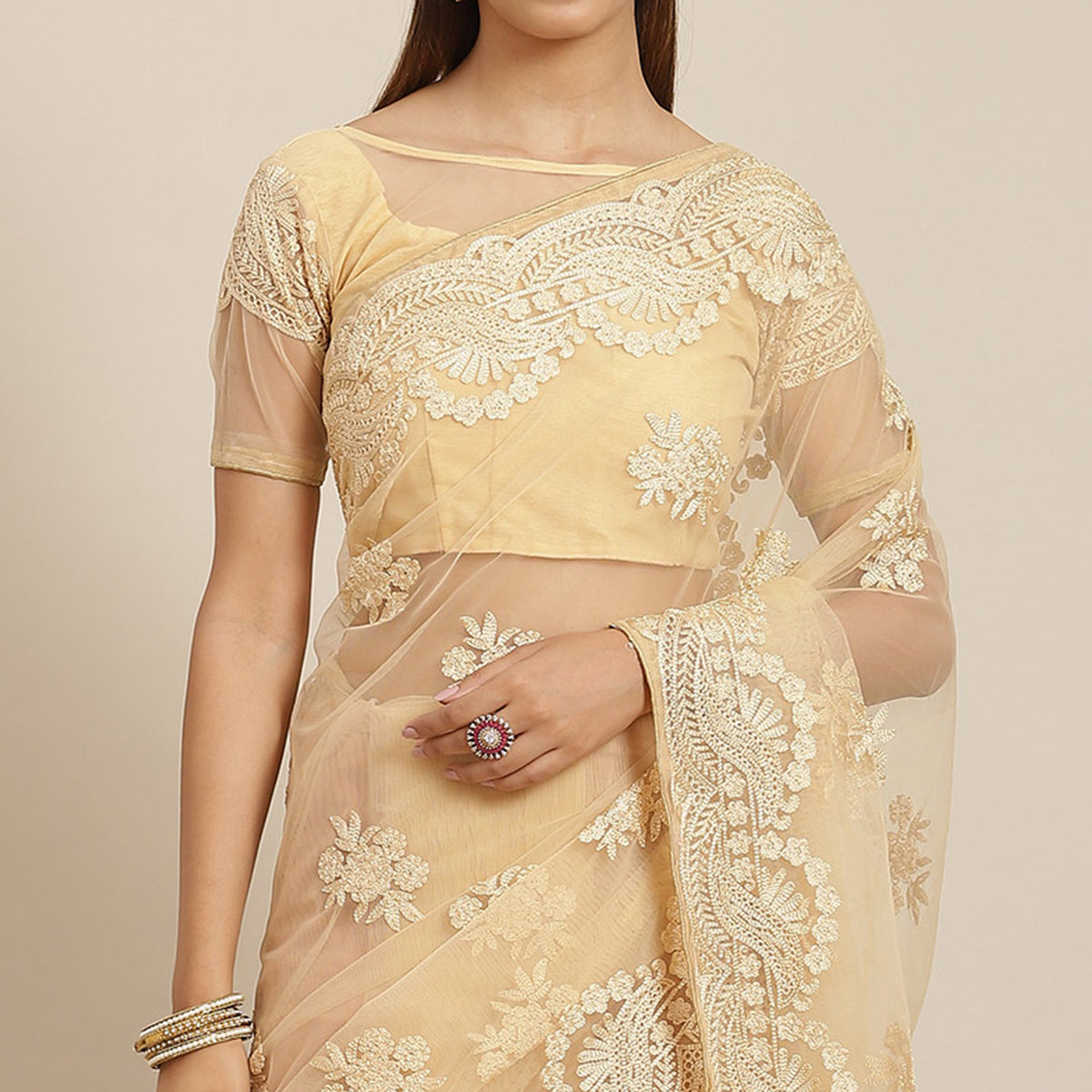 Beige Soft Net Resham Work Saree