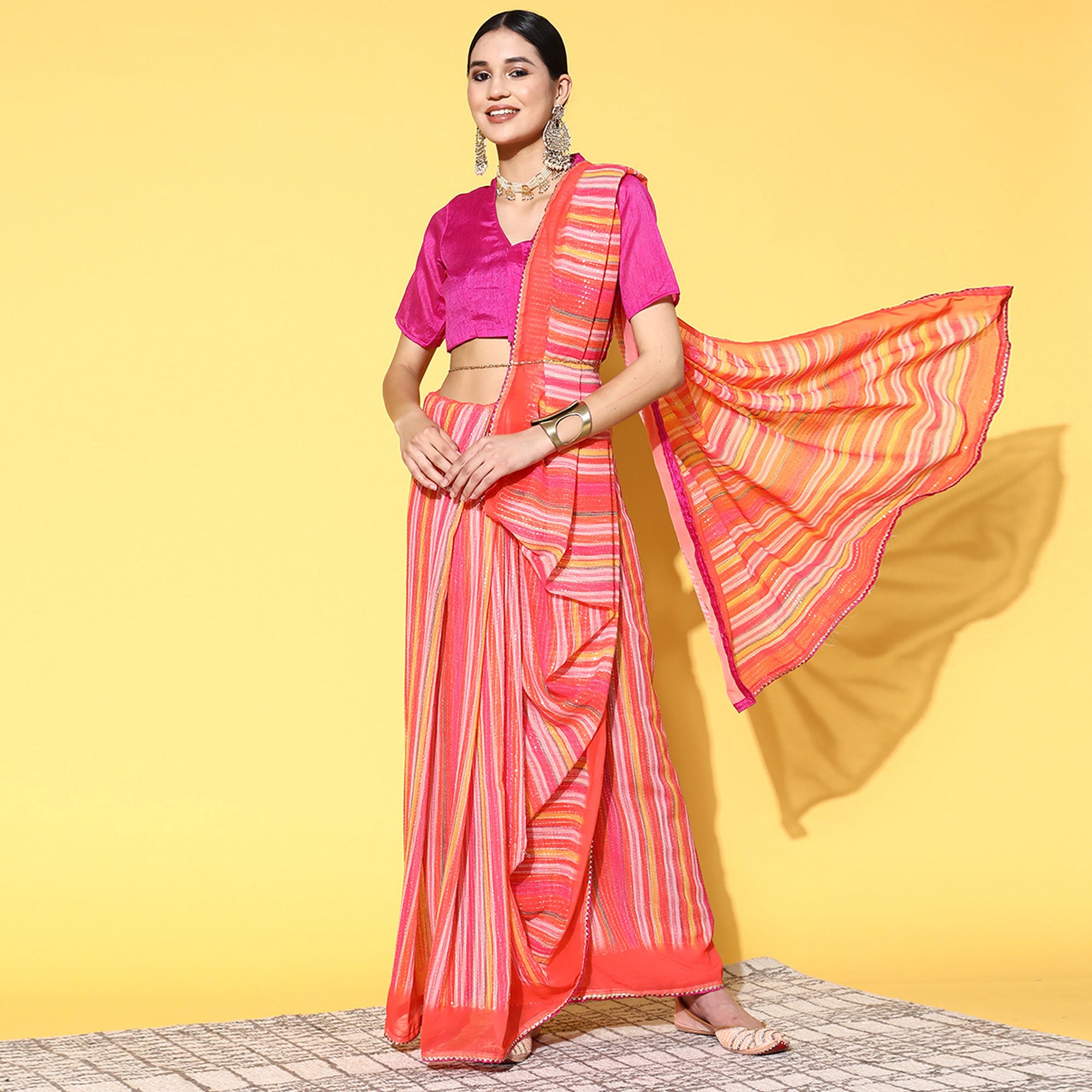 Orange Sequins Embroidered Georgette Saree