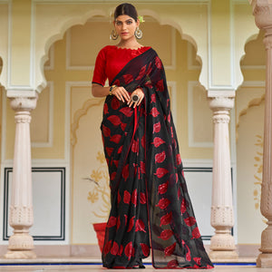 Black & Red Sequins Embroidered Georgette Saree