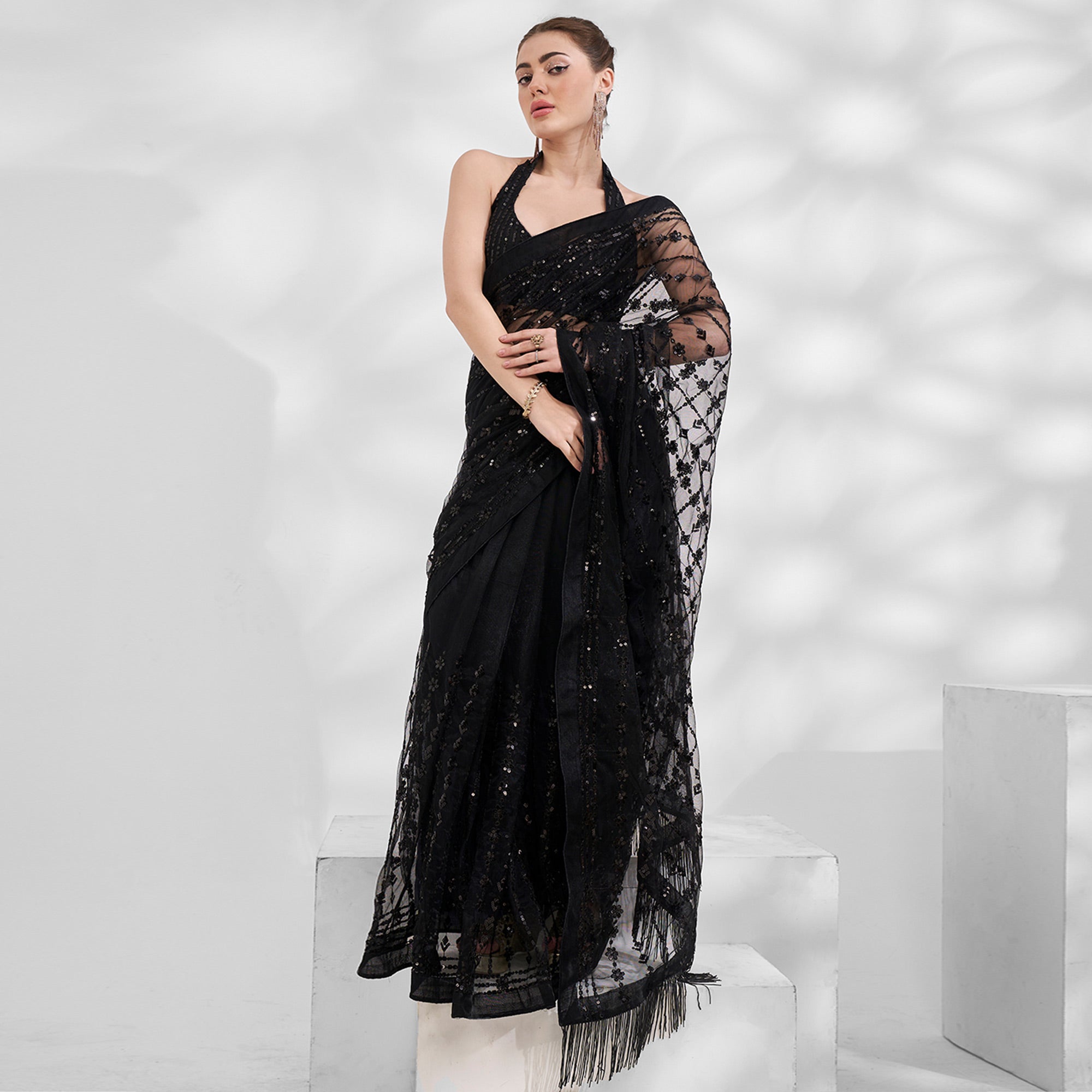 Black Embroiderd Sequinned Net Saree