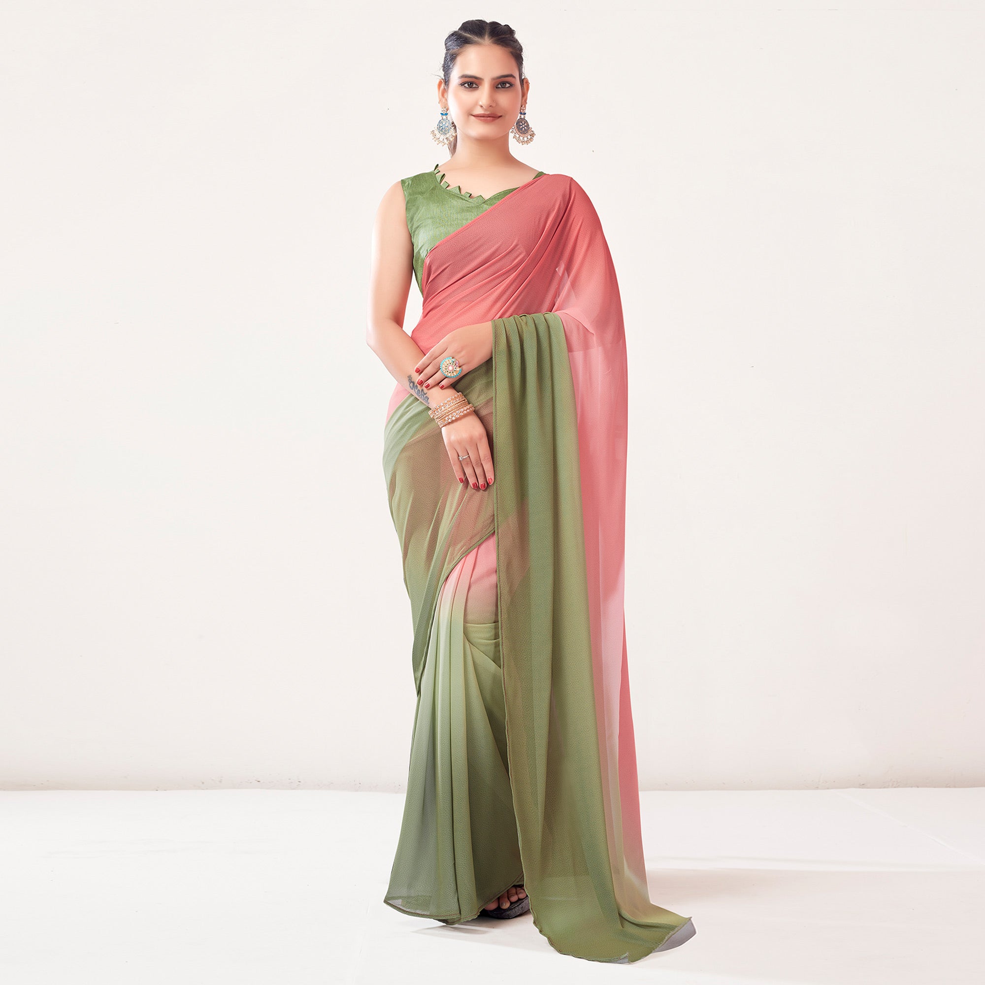 Pink & Olive Green Printed Georgette Saree