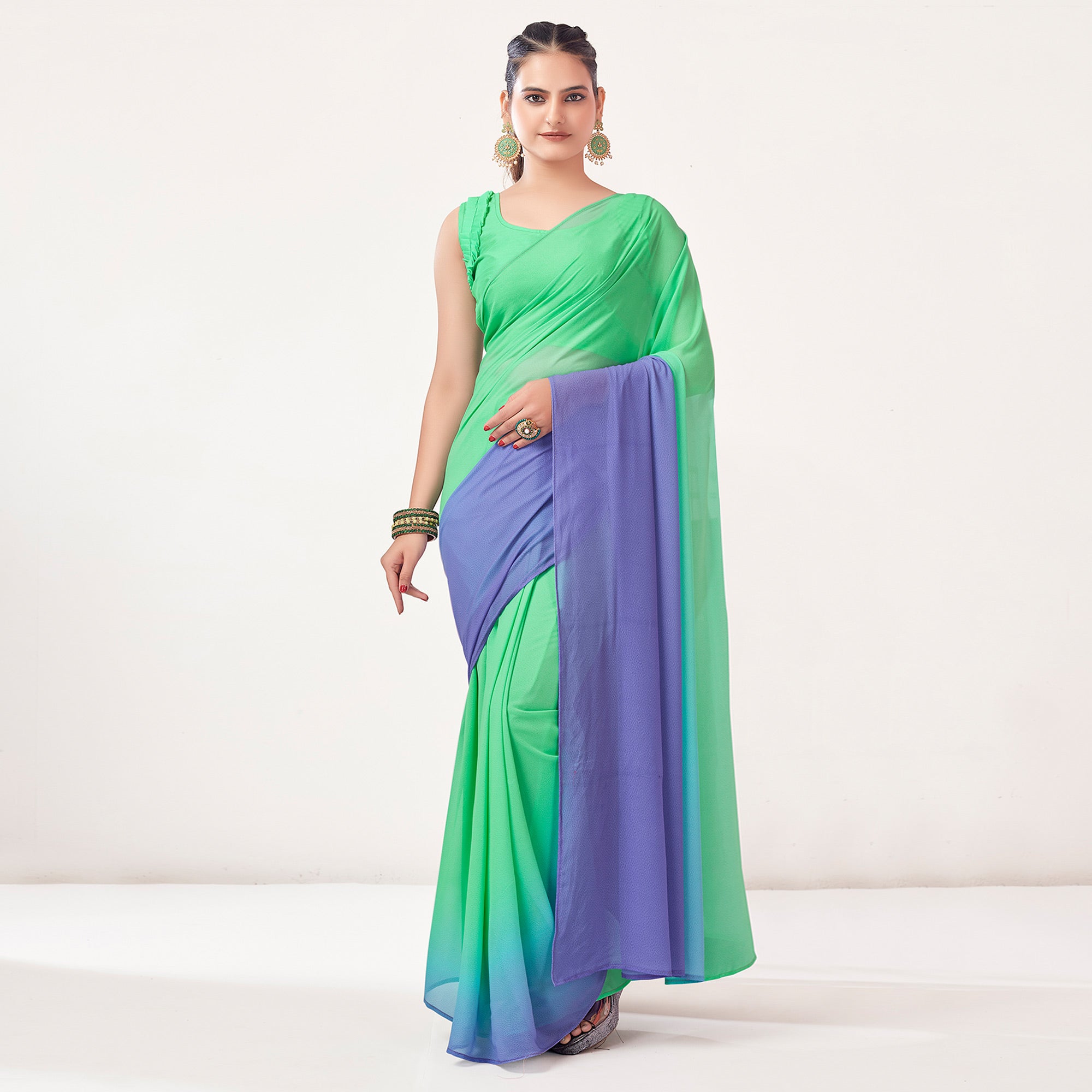 Mint Green & Lavender Printed Georgette Saree