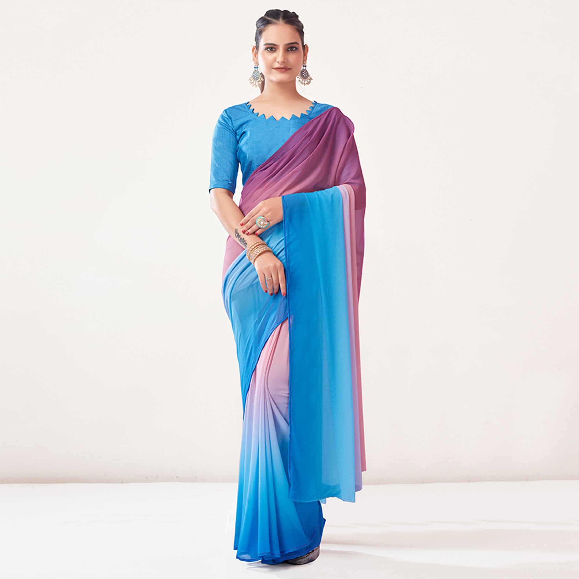 Pink & Blue Printed Georgette Saree