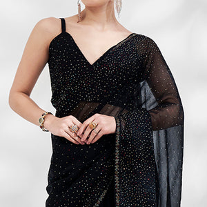Black Embroidered Swaroski Work Chiffon Saree