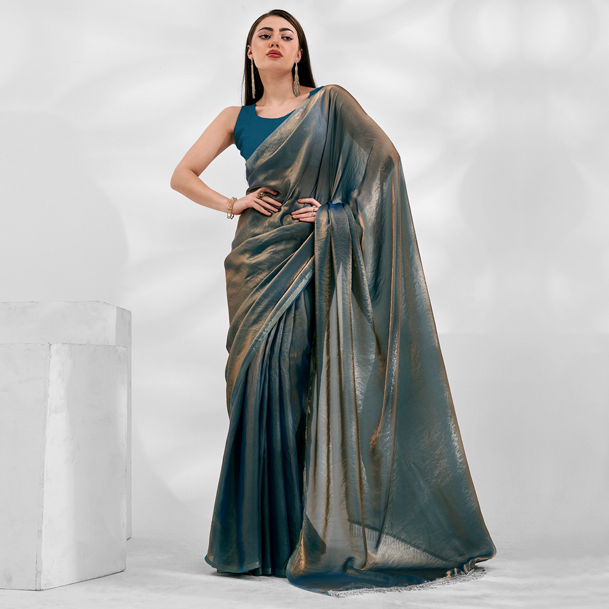 Blue Solid Organza Saree With Tassels Border