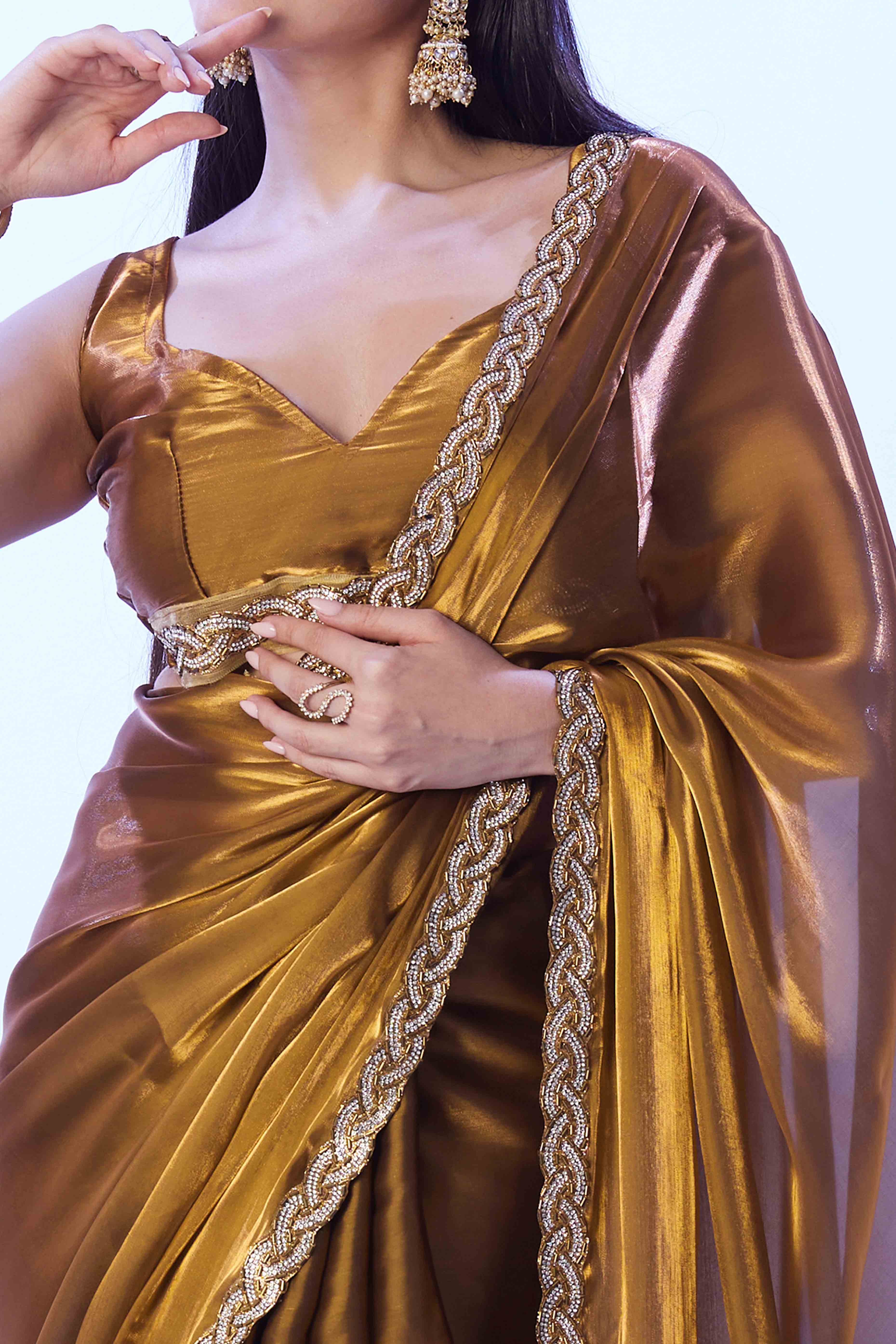 Copper Brown Satin Solid Embroidered Saree Adorned with Beads & Stones
