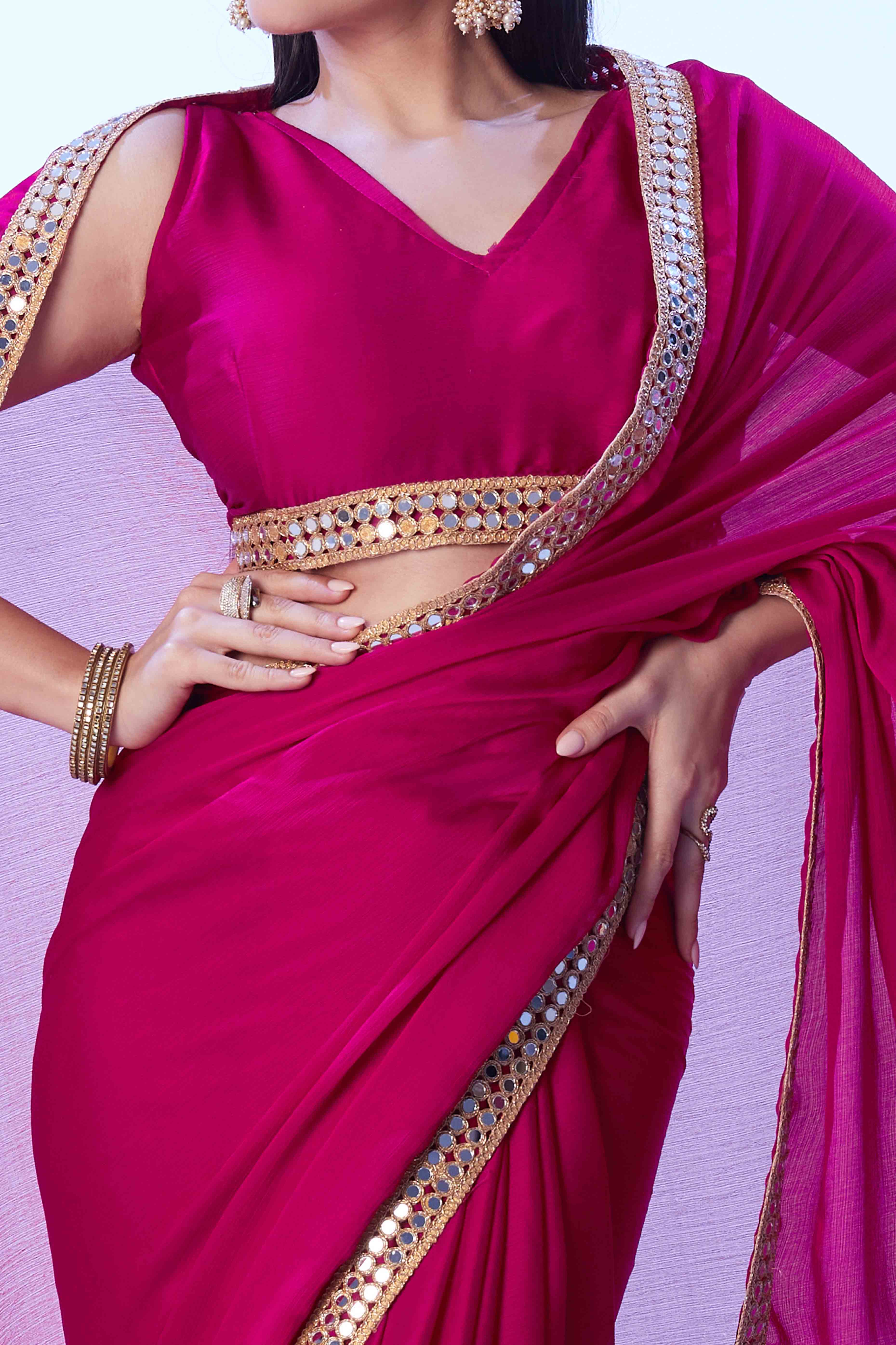 Hot Pink Satin Solid Saree Adorned with Mirror Work
