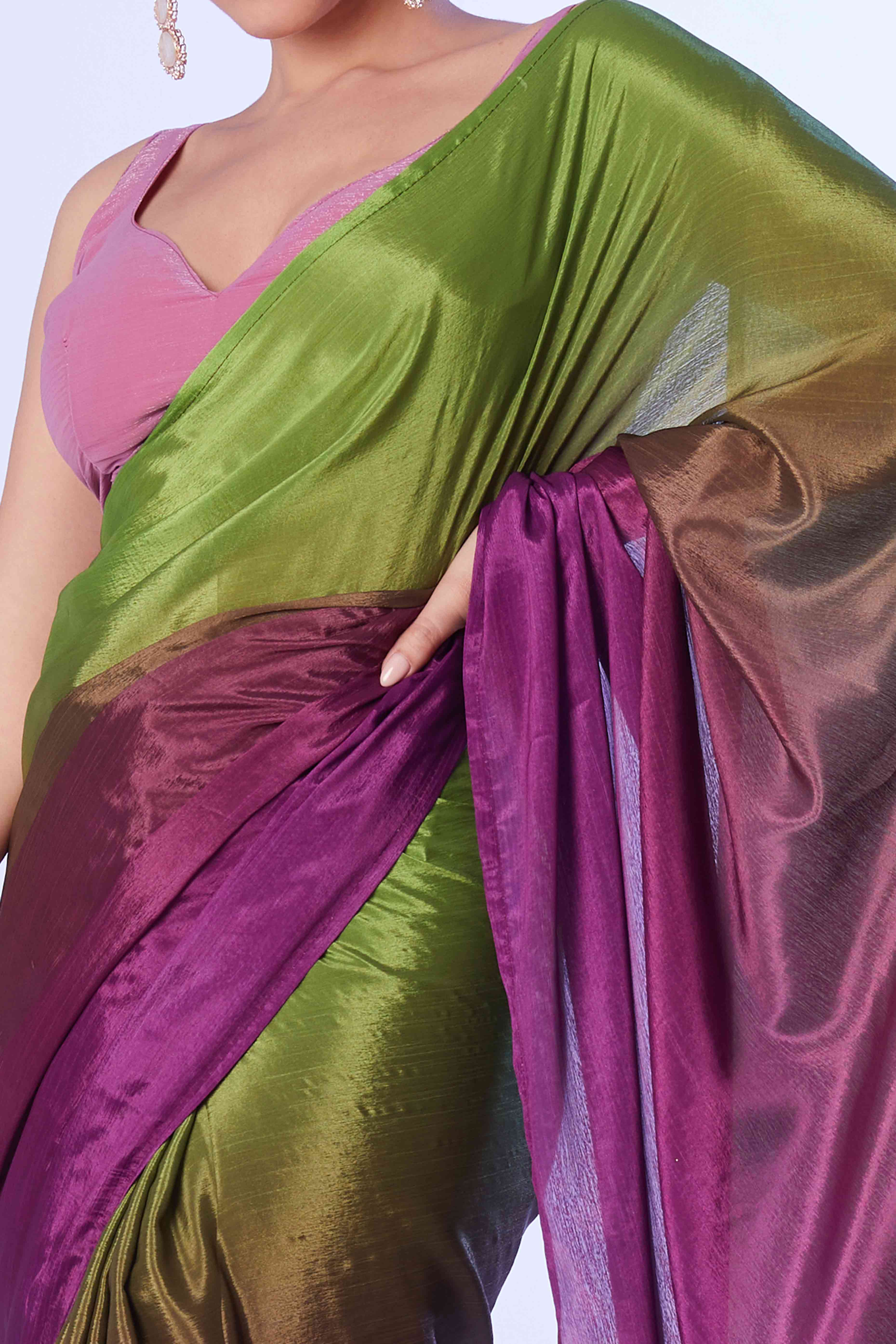 Green & Purple Ombre Bliss Chinon Solid Ready Made Saree