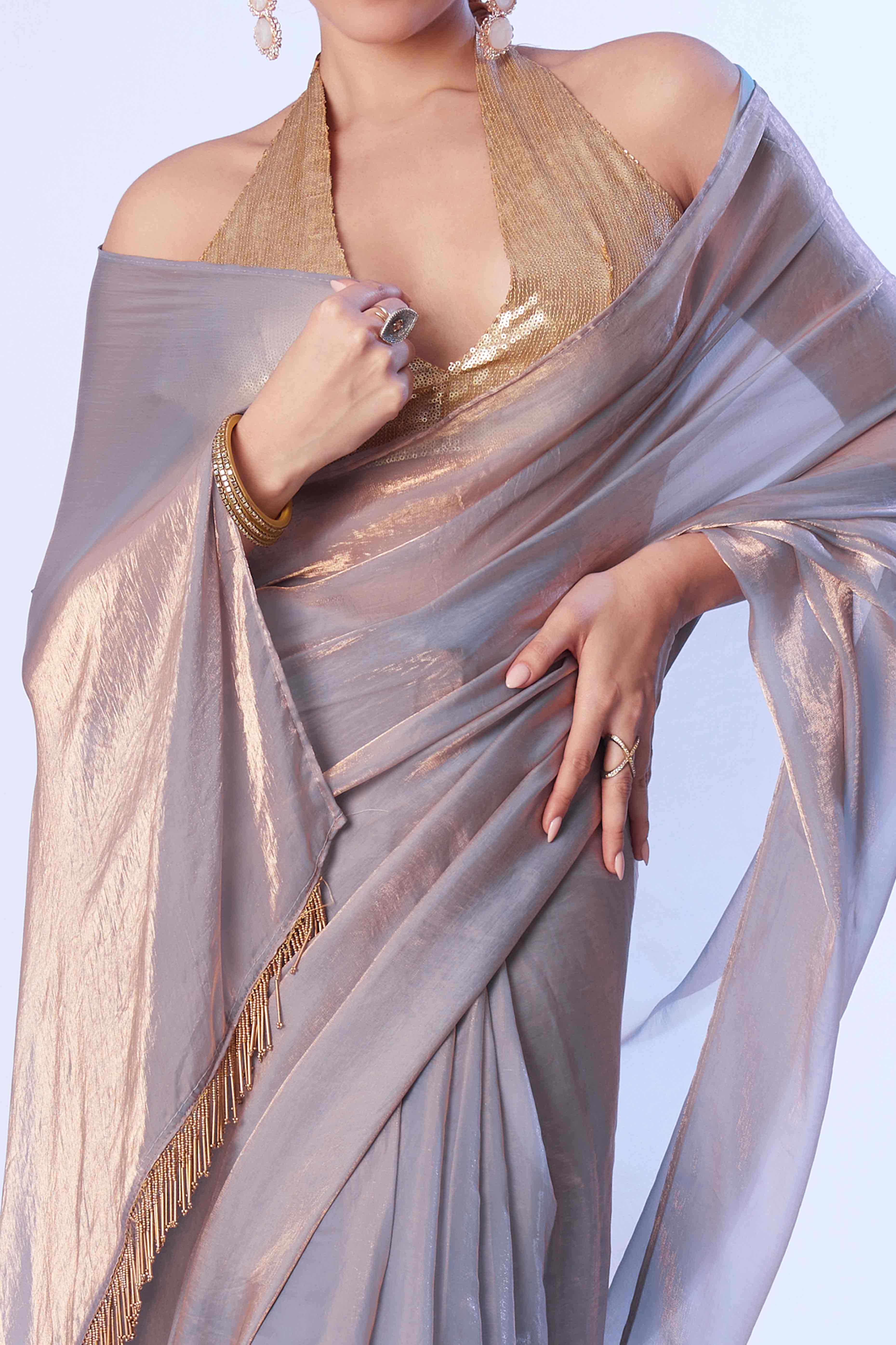 Dusty Grey Satin Solid Embroidered Saree Adorned with Beads & Stones