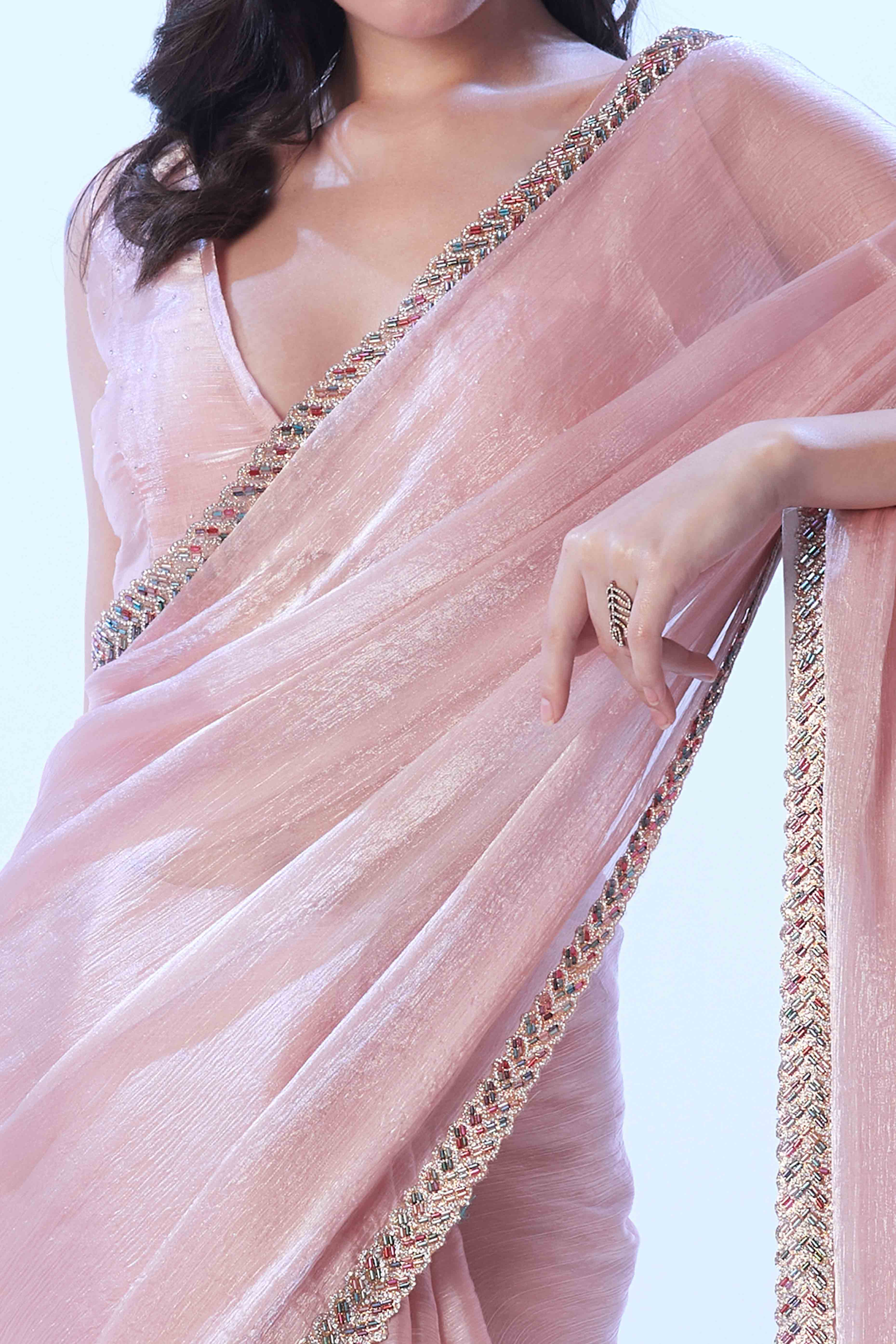 Light Pink Organza Embroidered Solid Saree with Delicate Embroidery