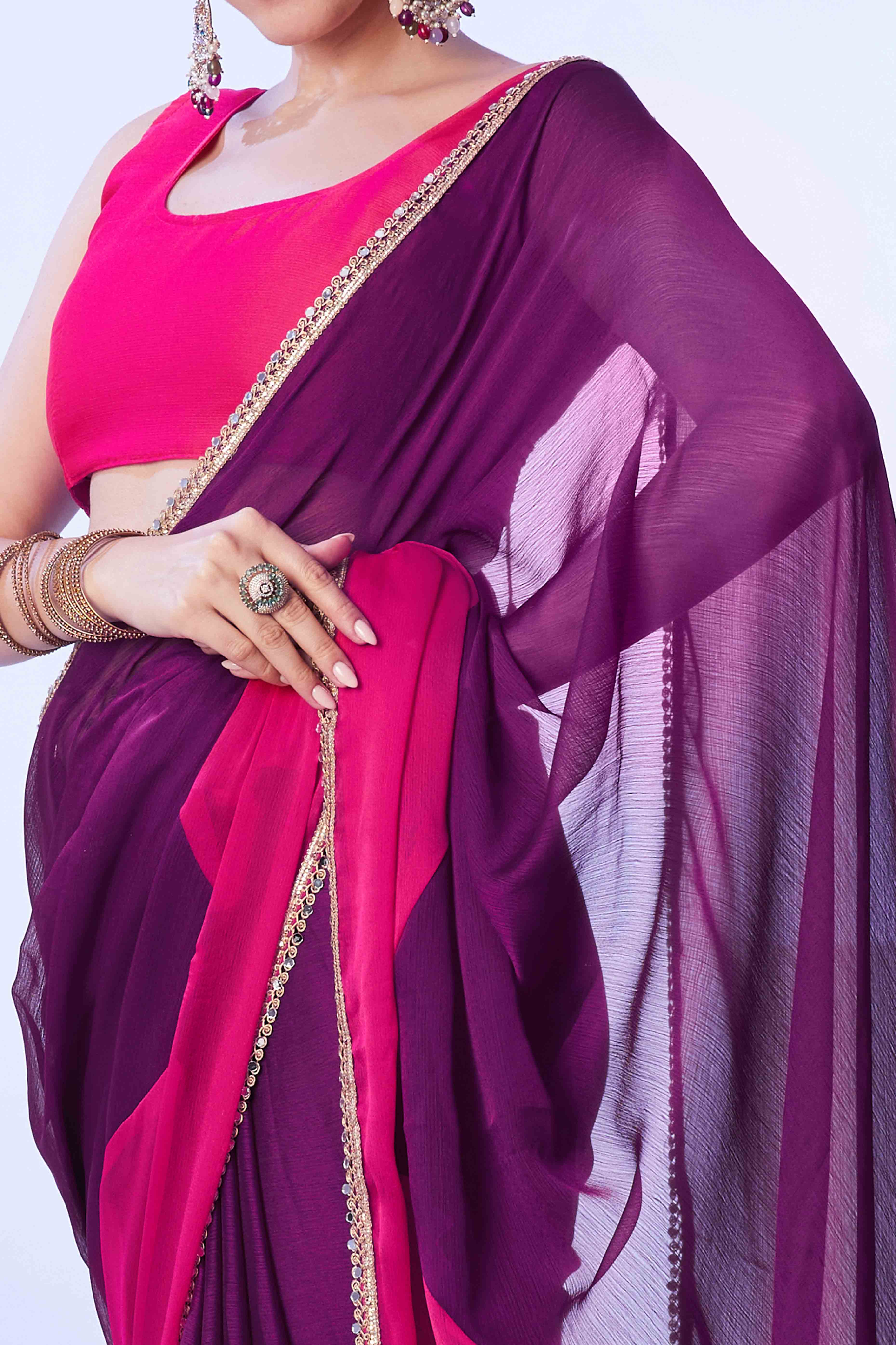 Purple & Pink Satin solid Saree Adorned with Ombre Pattern