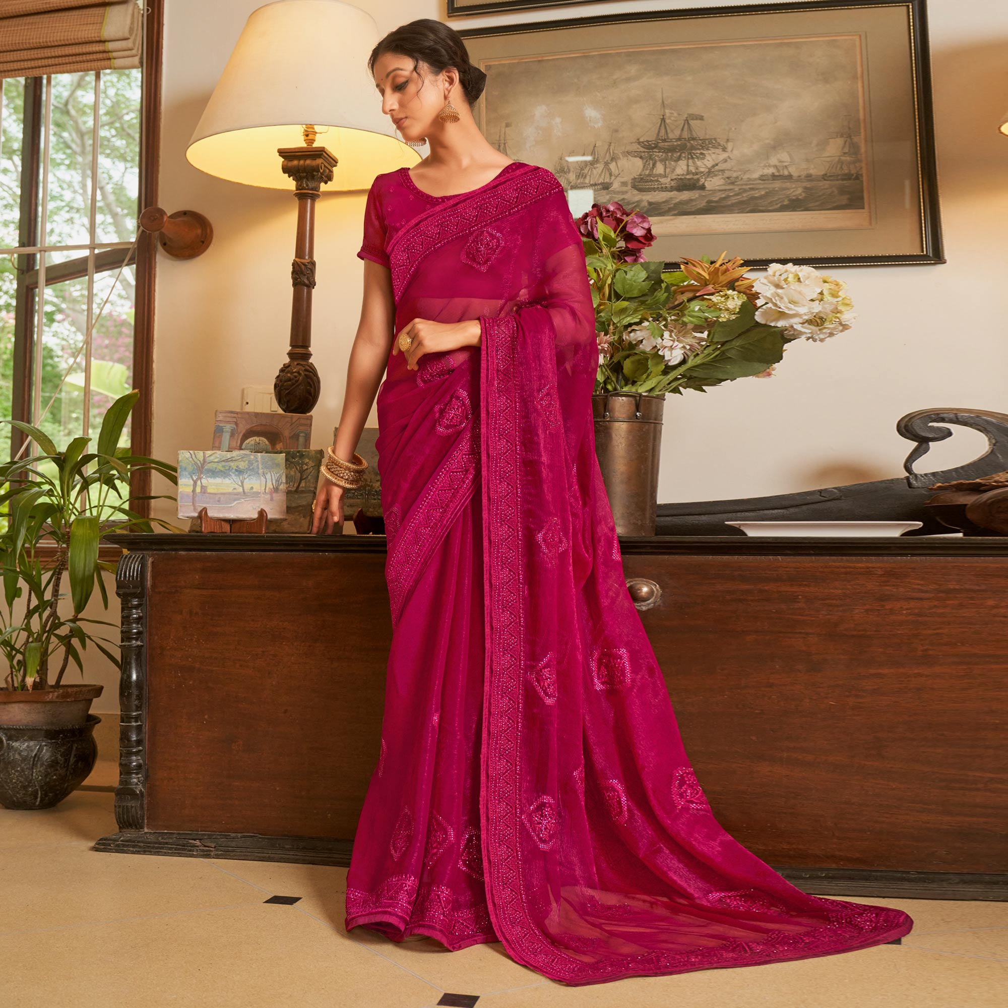 Rani Pink Embroidered Georgette Saree