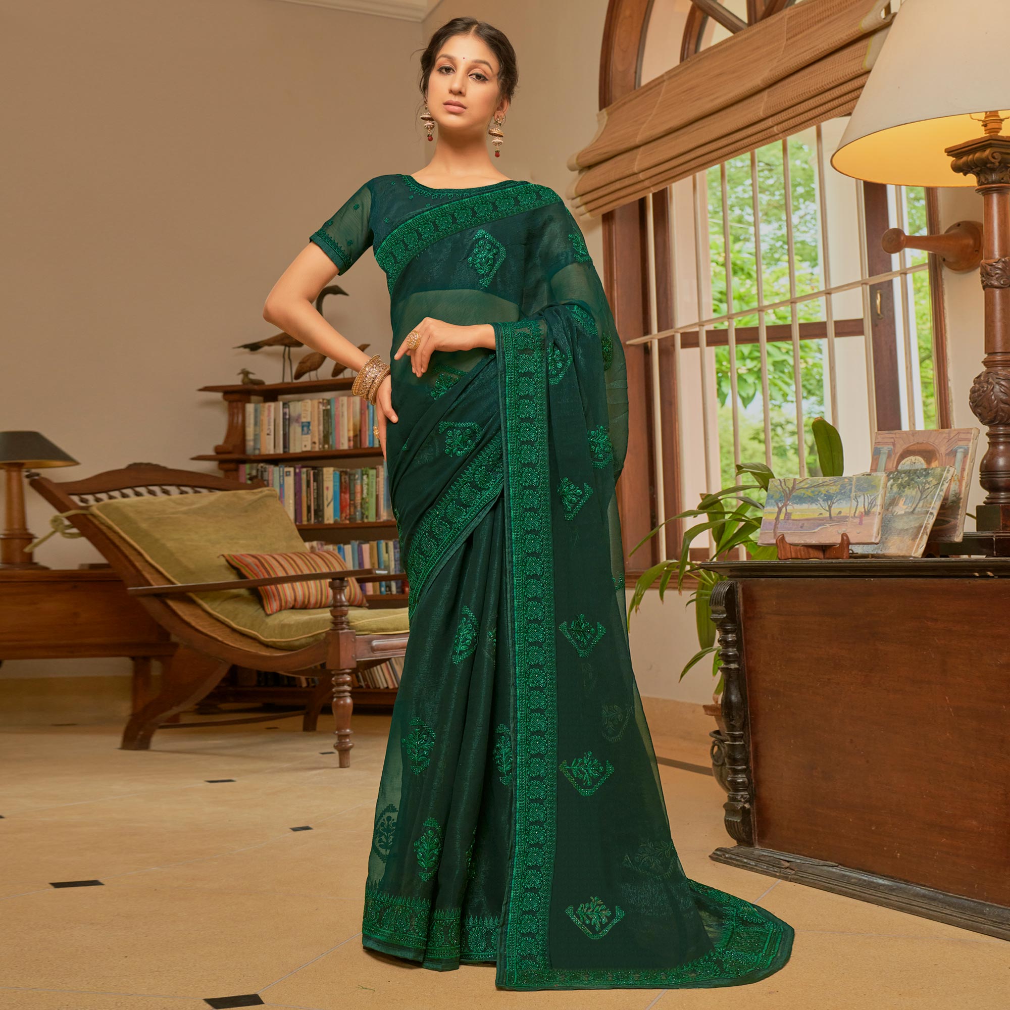 Forest Green Zari Weaving Georgette Bandhani Print Saree
