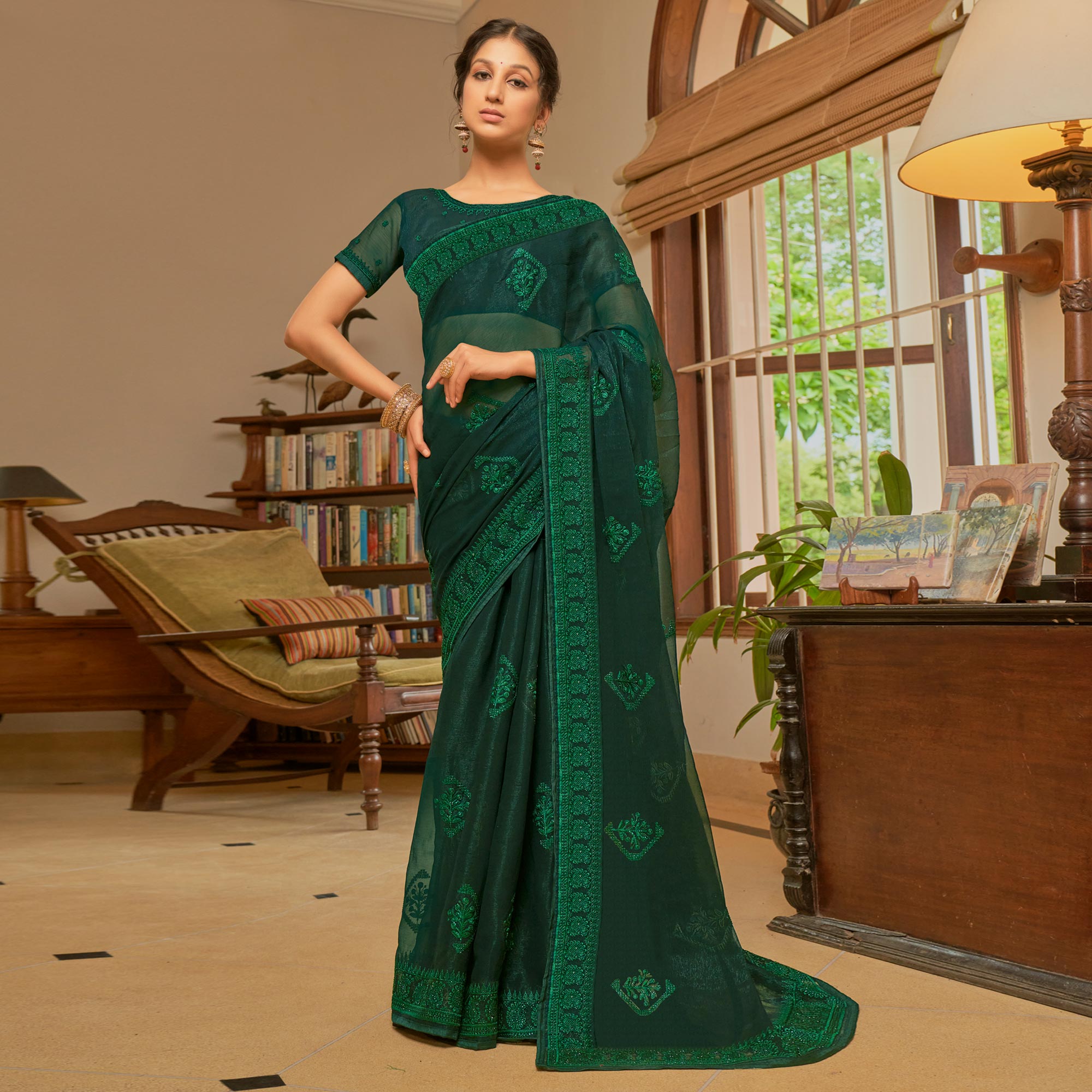 Bottle Green Embroidered Georgette Saree