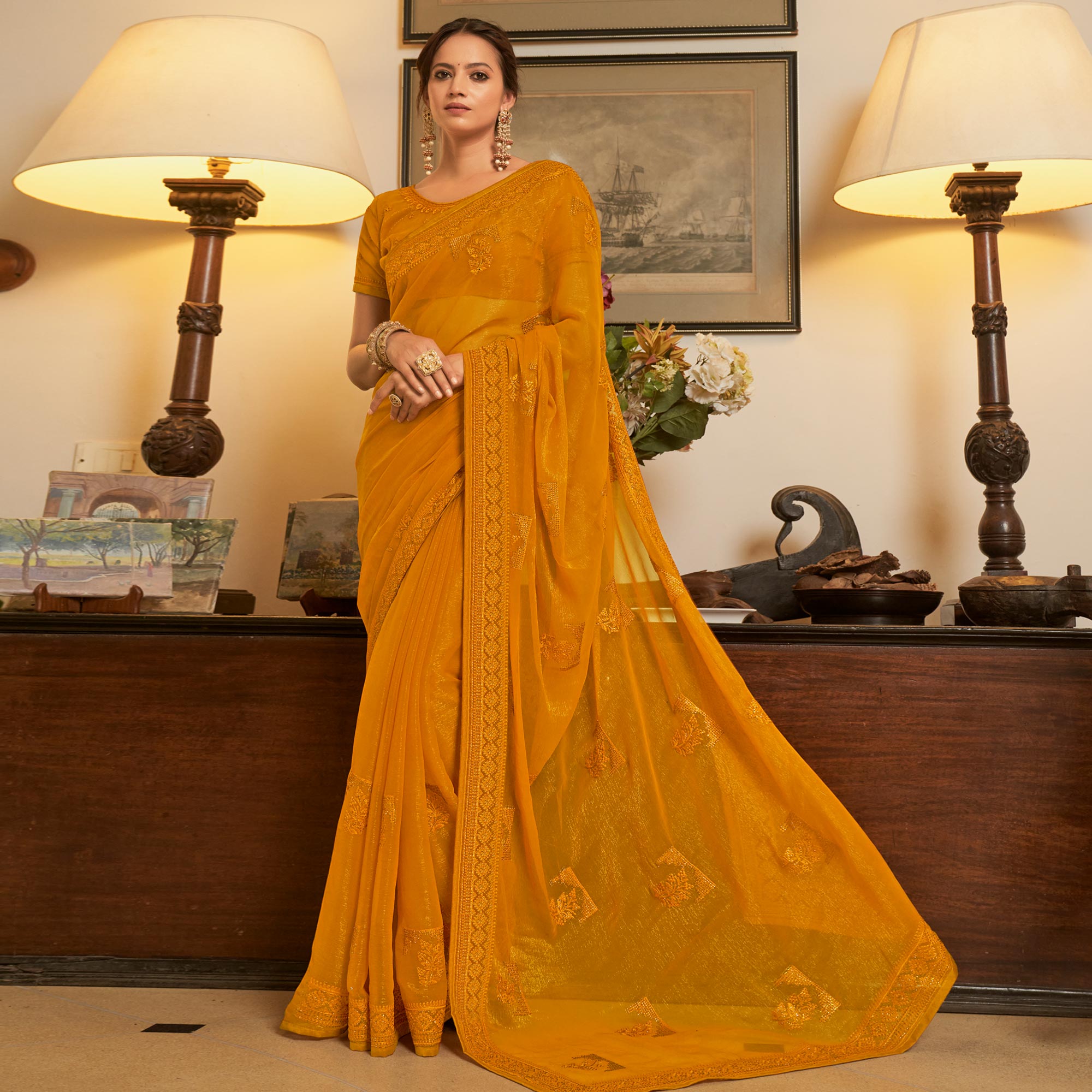 Mustard Embroidered Georgette Saree