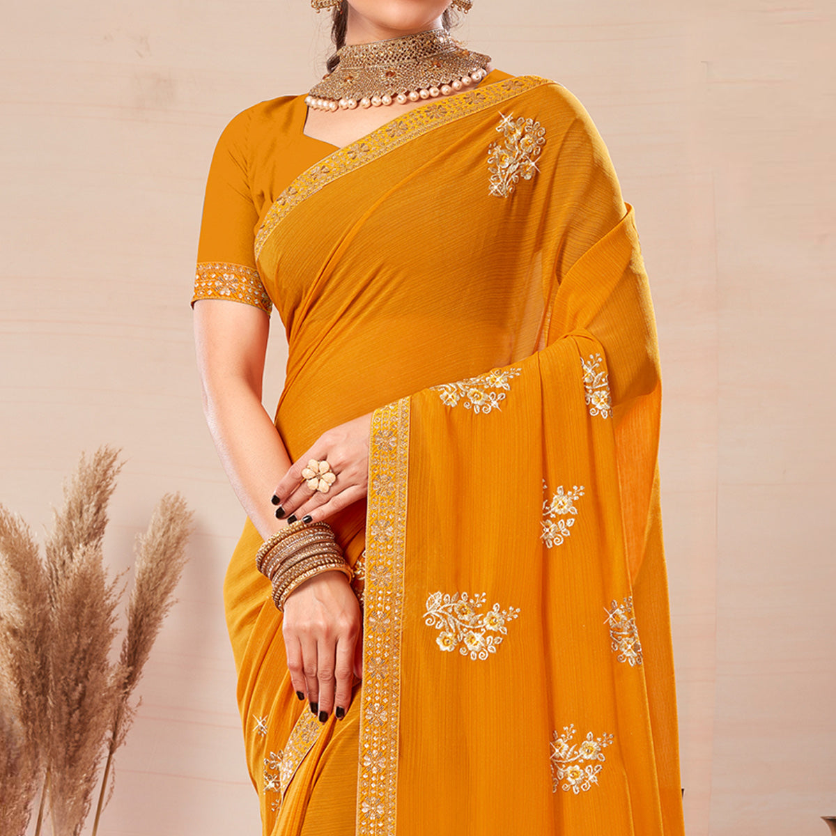 Yellow Floral Embroidered Georgette Saree