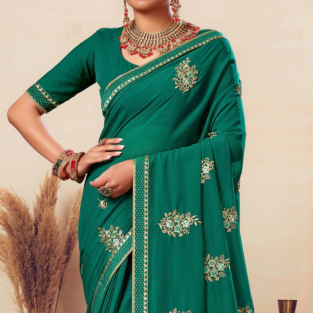 Green Floral Embroidered Georgette Saree