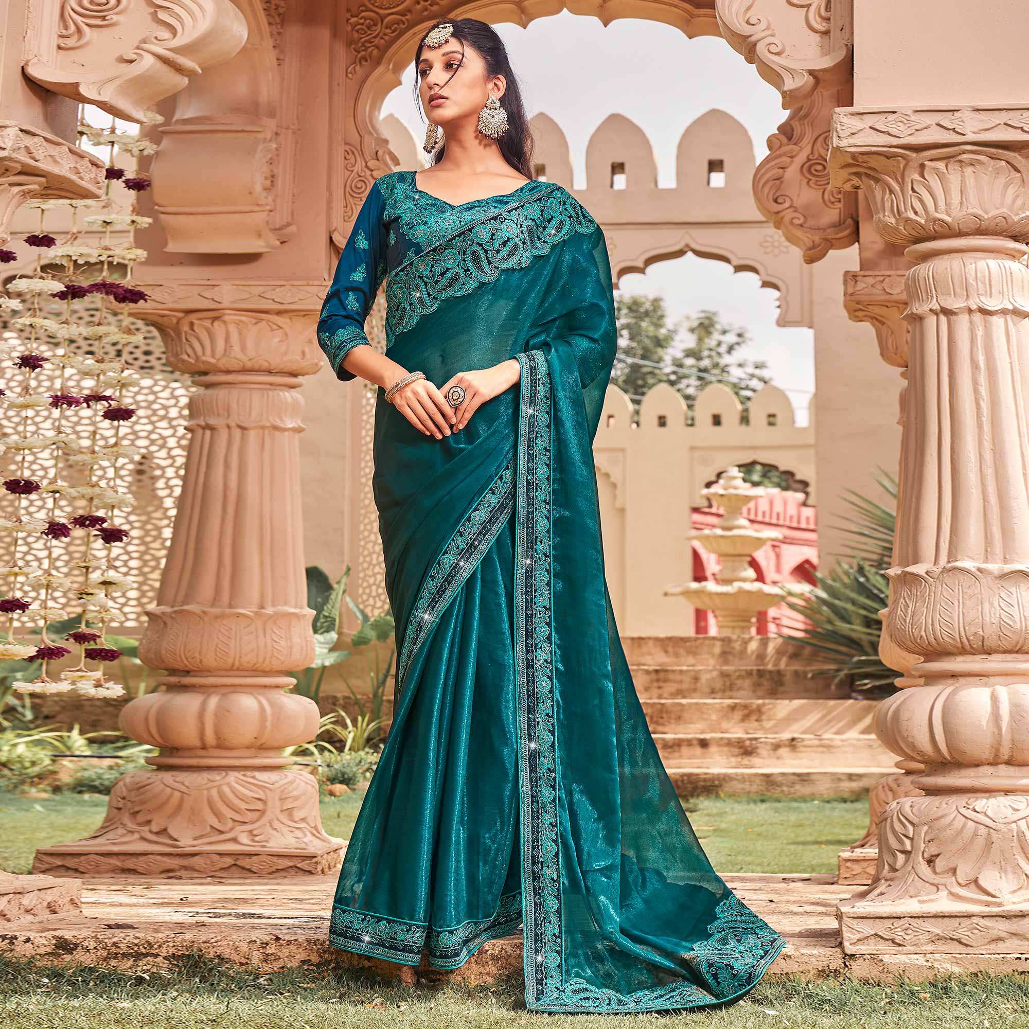 Teal Solid With Embroidered Border Chiffon Saree