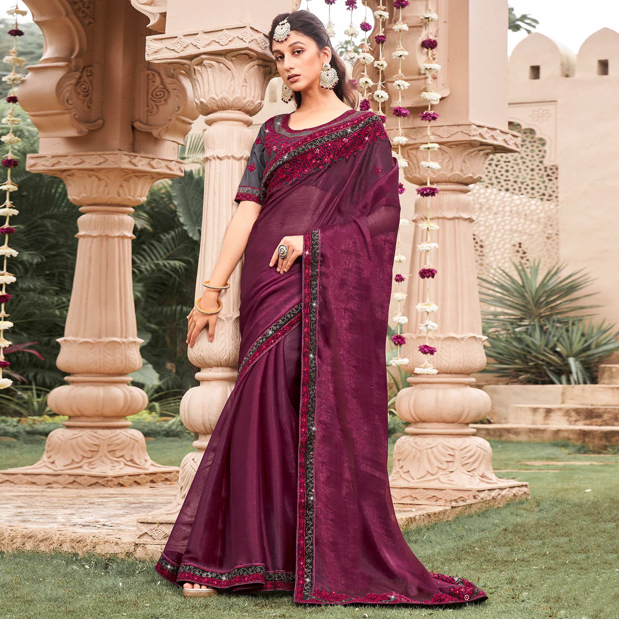 Wine Solid With Embroidered Border Chiffon Saree