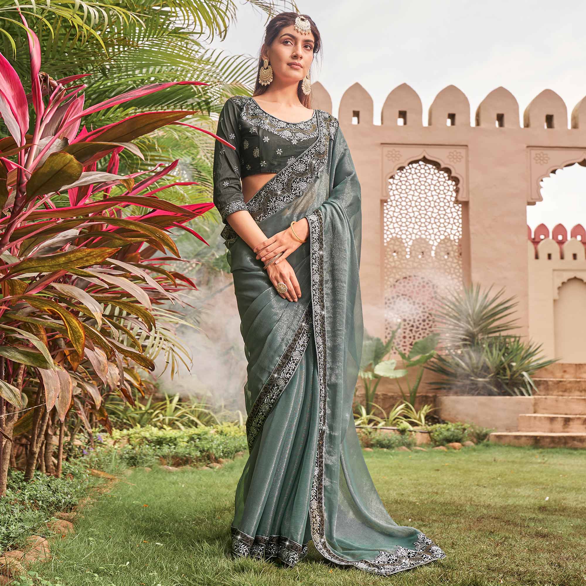 Grey Solid With Embroidered Border Chiffon Saree