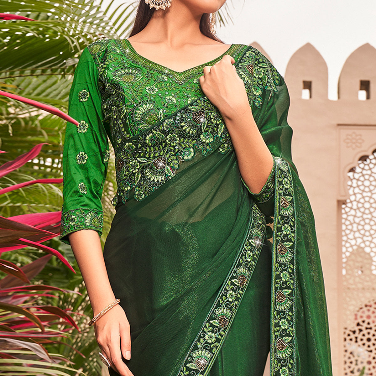 Green Solid With Embroidered Border Chiffon Saree