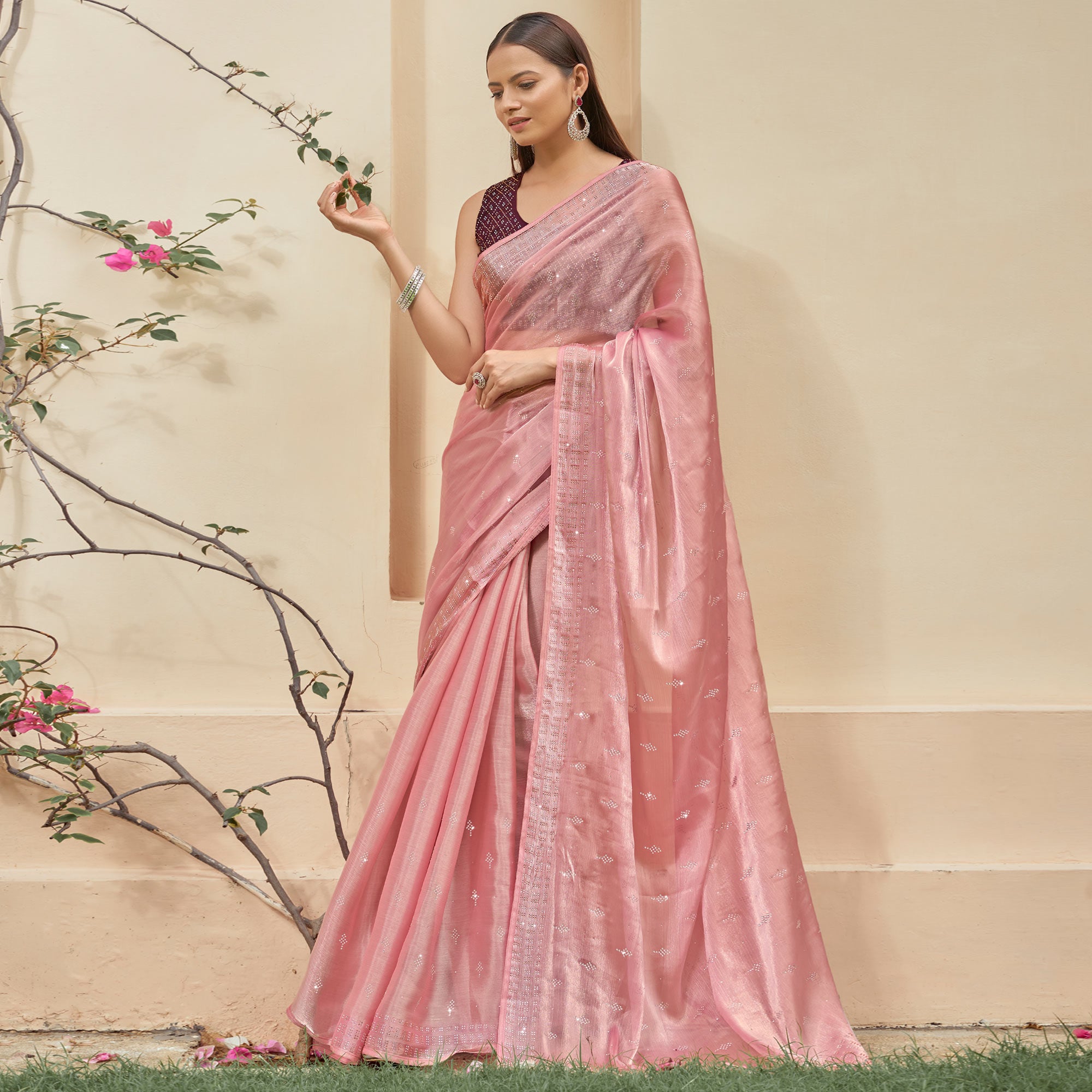 Peach Embroidered Tissue Saree