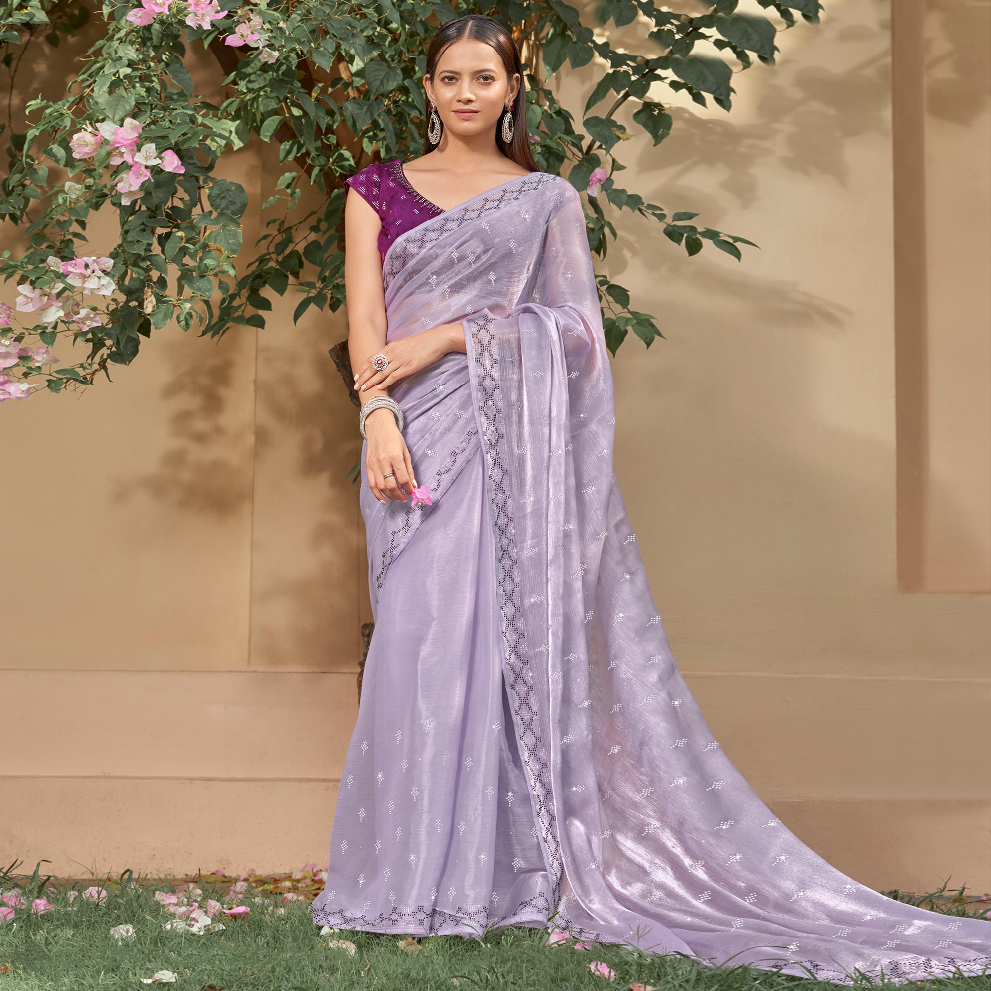 Violet Embroidered Tissue Saree