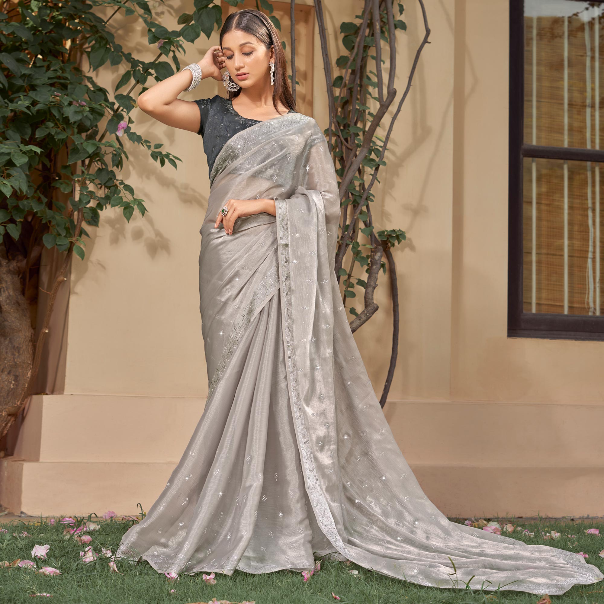 Grey Embroidered Tissue Saree