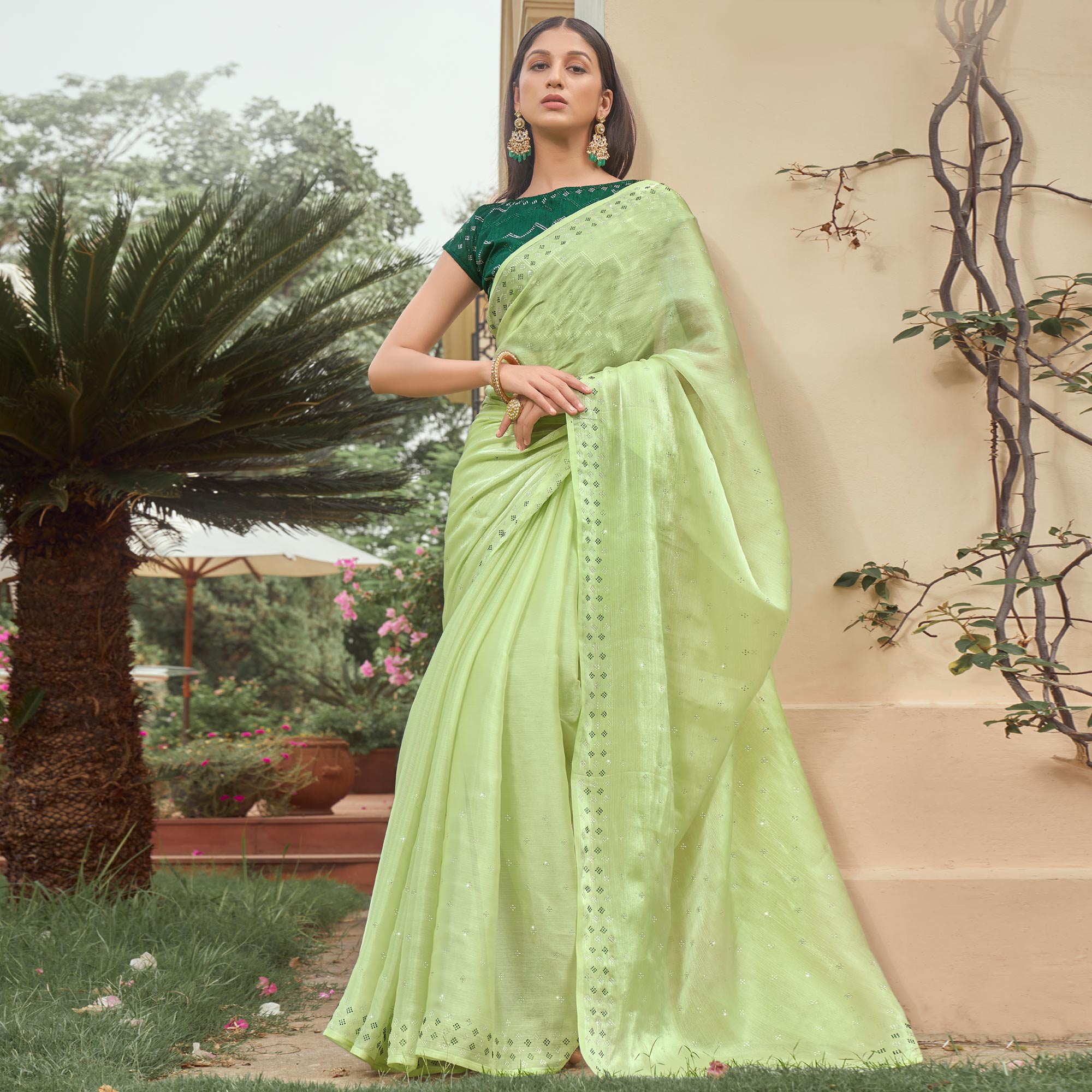 Green Embroidered Tissue Saree