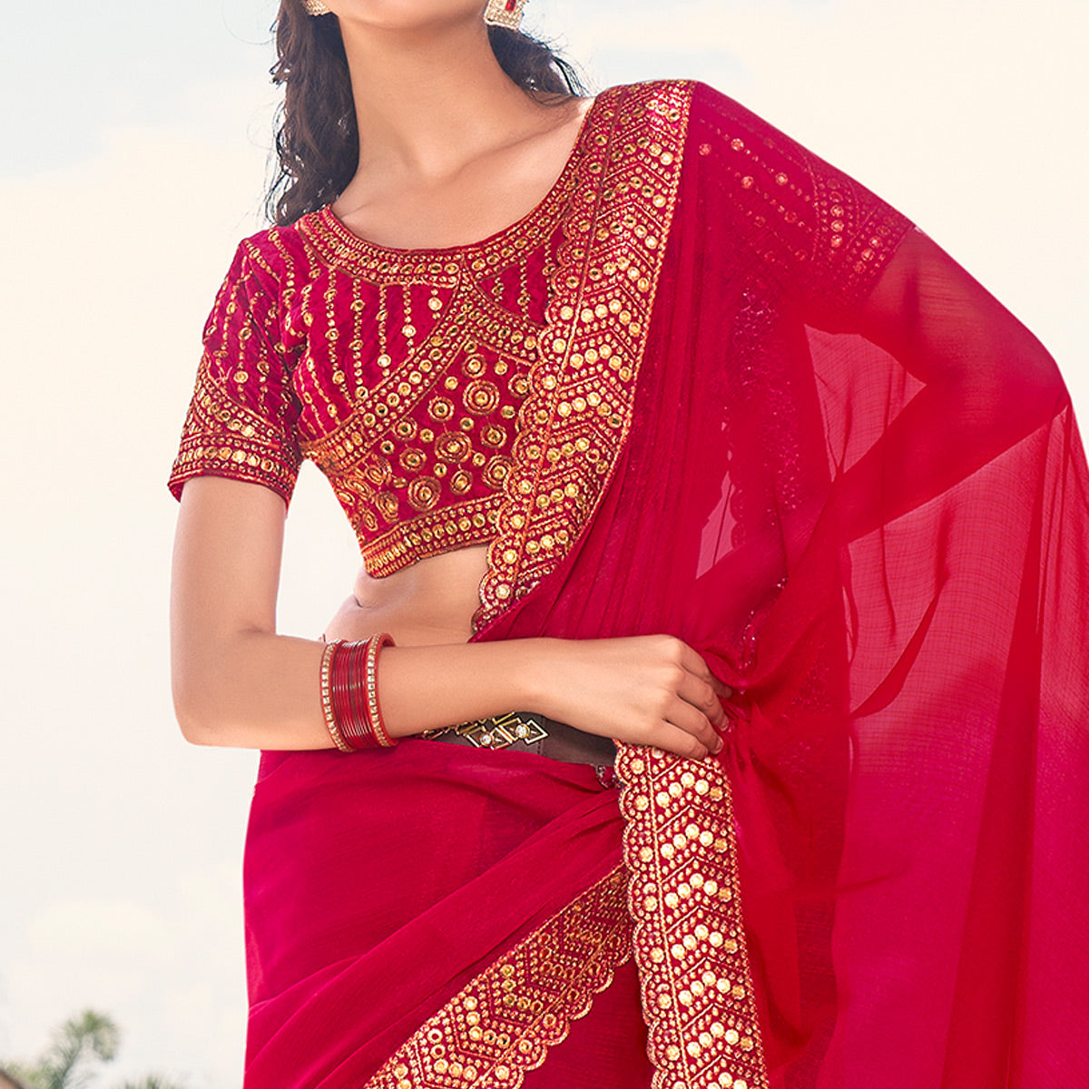 Pink Solid With Embroidered Border Georgette Saree