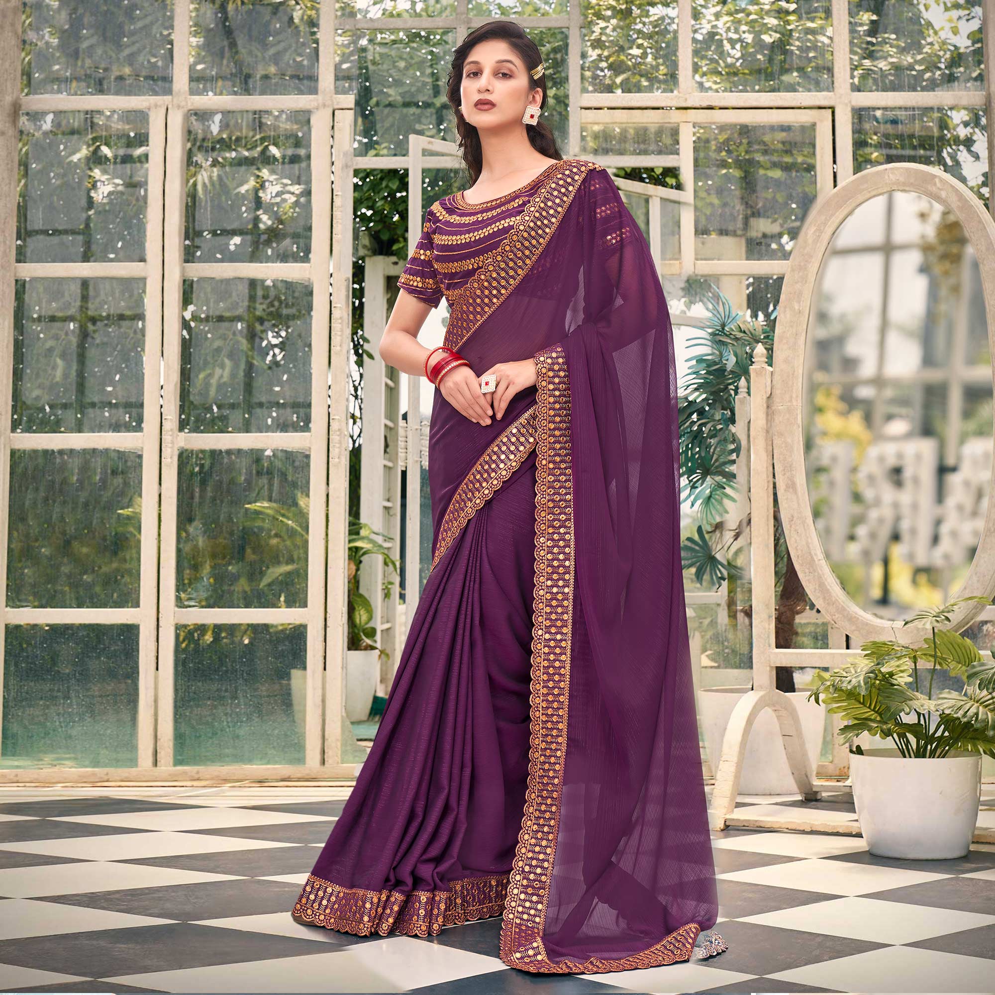 Purple Solid With Embroidered Border Georgette Saree