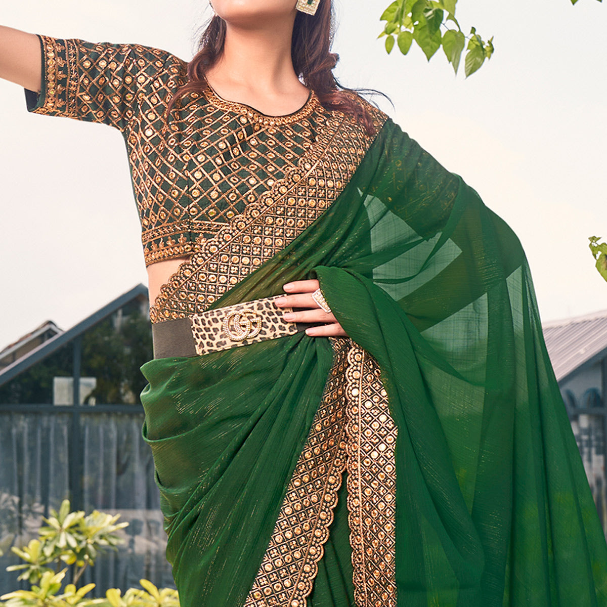 Green Solid With Embroidered Border Georgette Saree