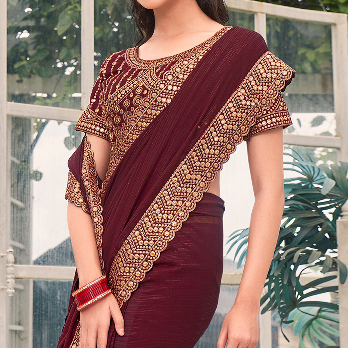 Brown Solid With Embroidered Border Georgette Saree