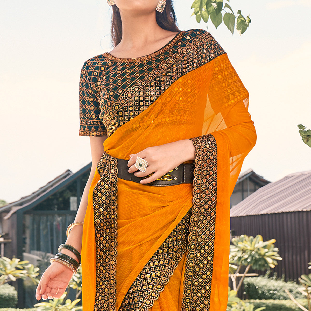 Mustard Solid With Embroidered Border Georgette Saree
