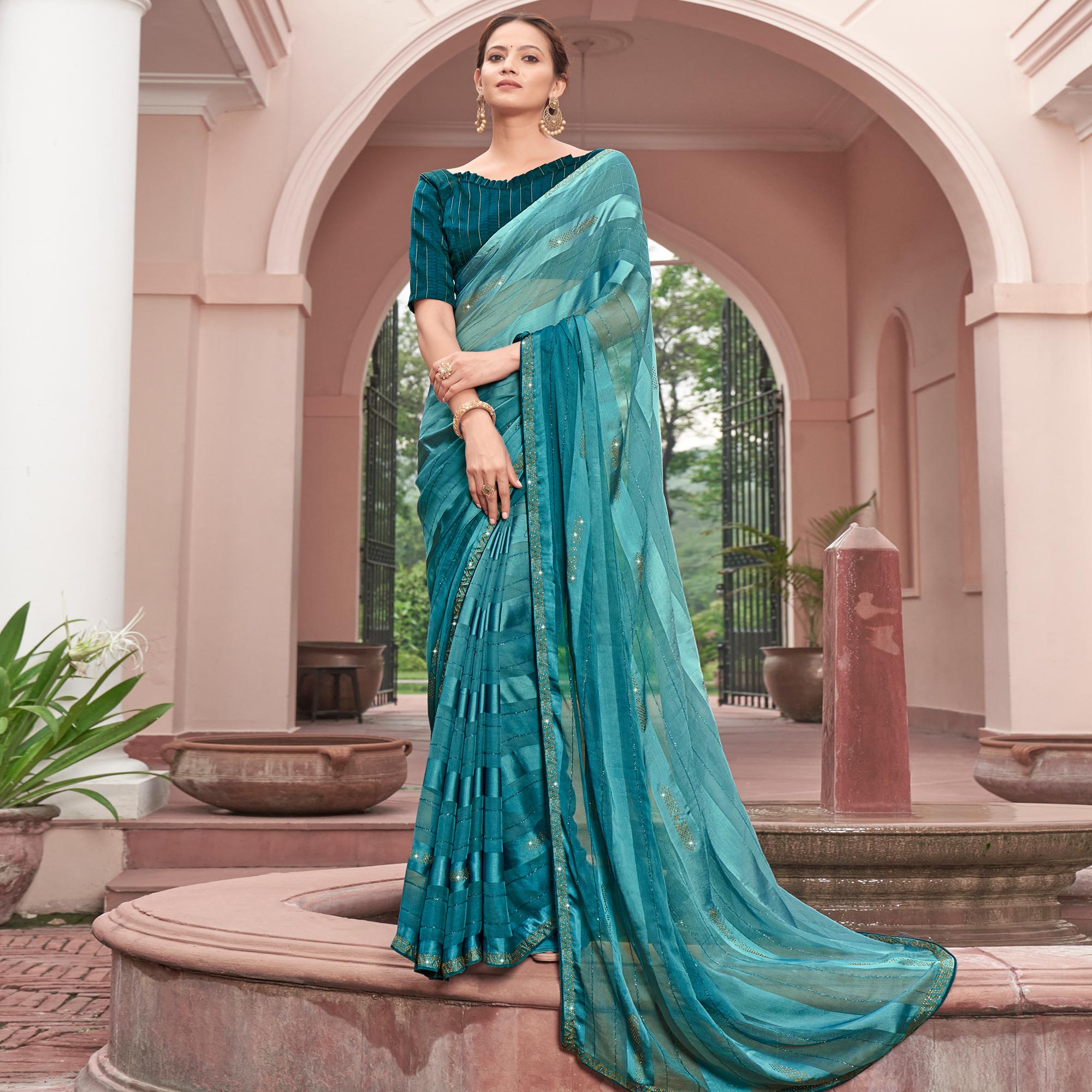 Teal Blue Swarovski Work Georgette Saree