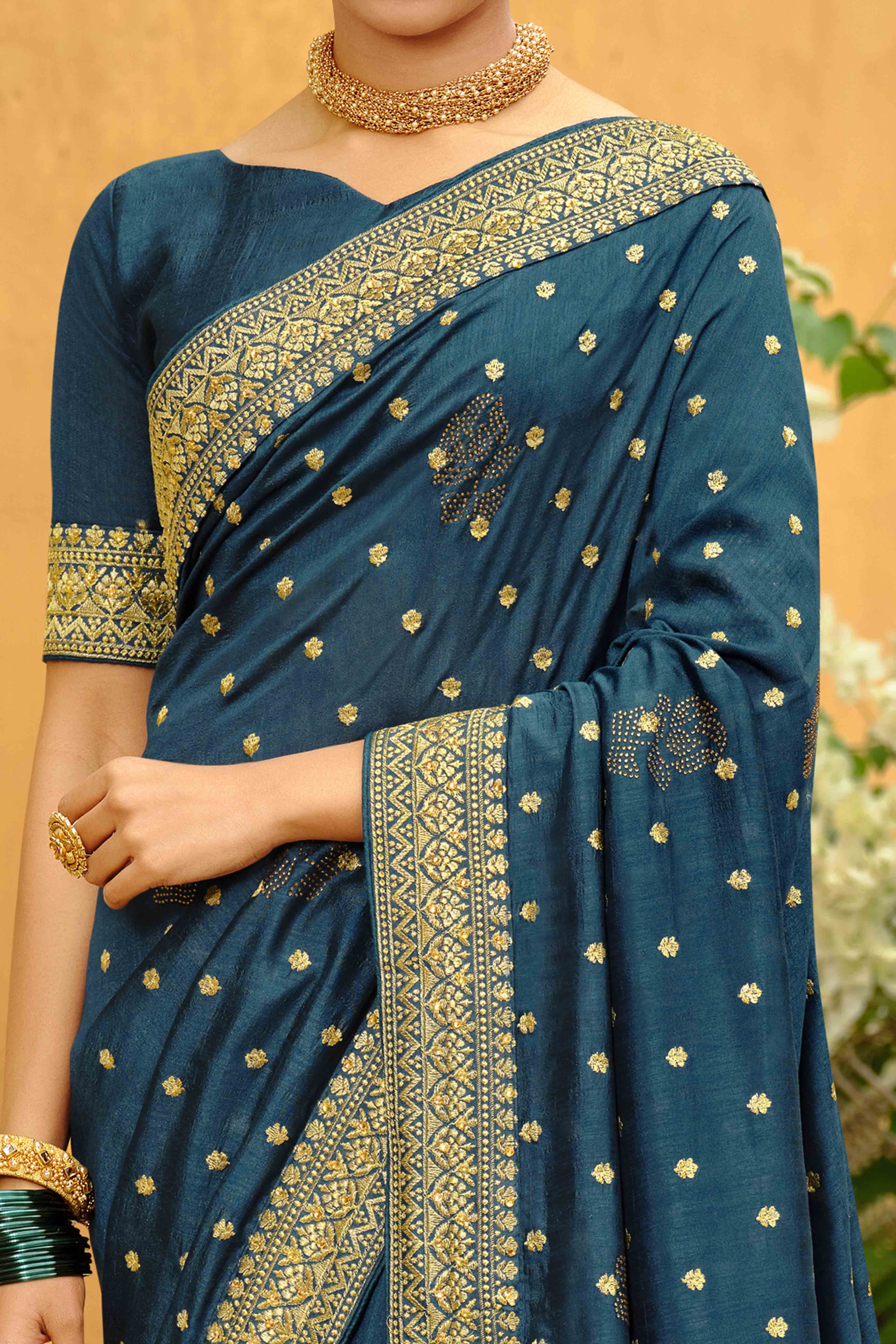 Teal Swarovski Work Embroidered Vichitra Silk Saree