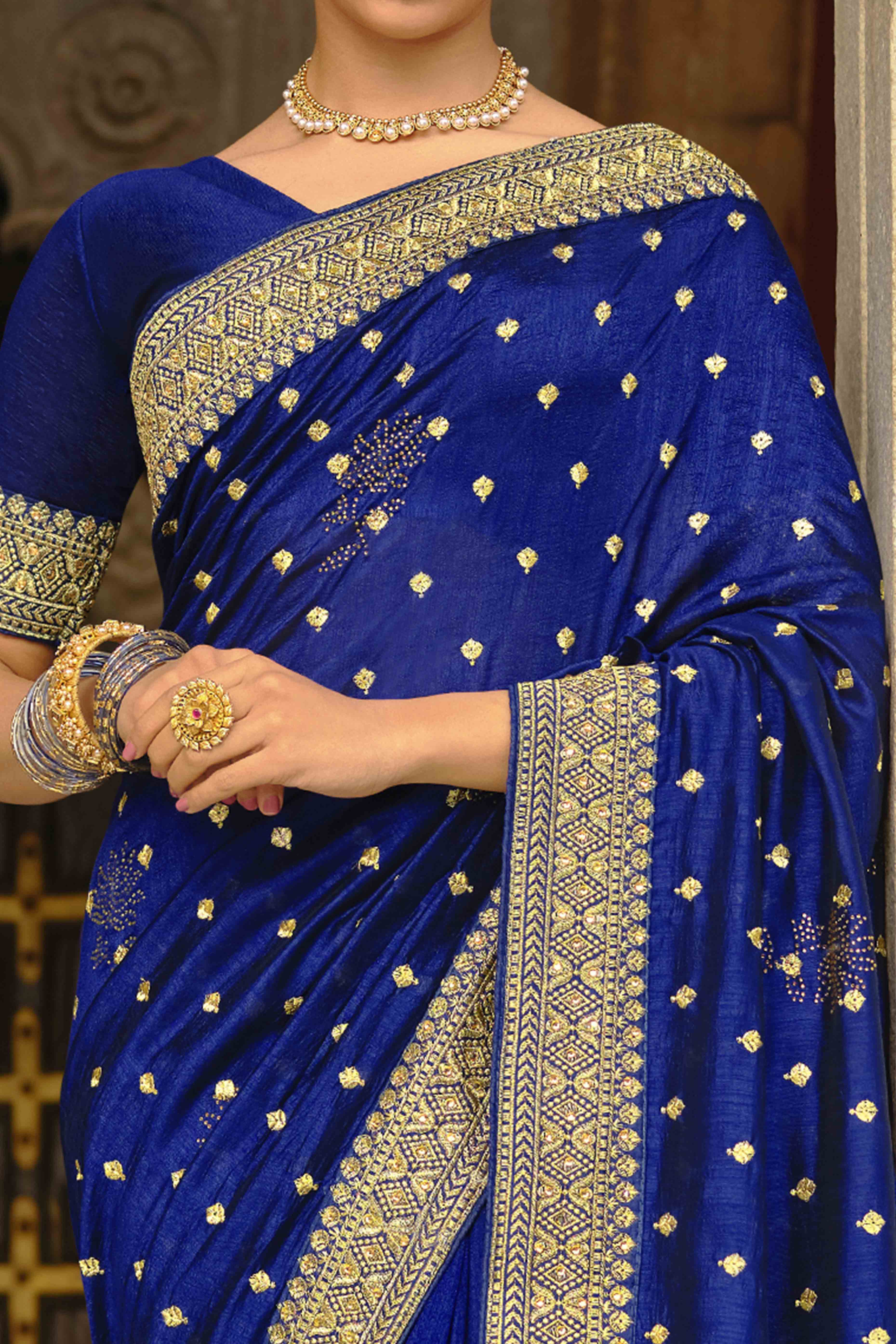 Navy Blue Swarovski Work Embroidered Vichitra Silk Saree