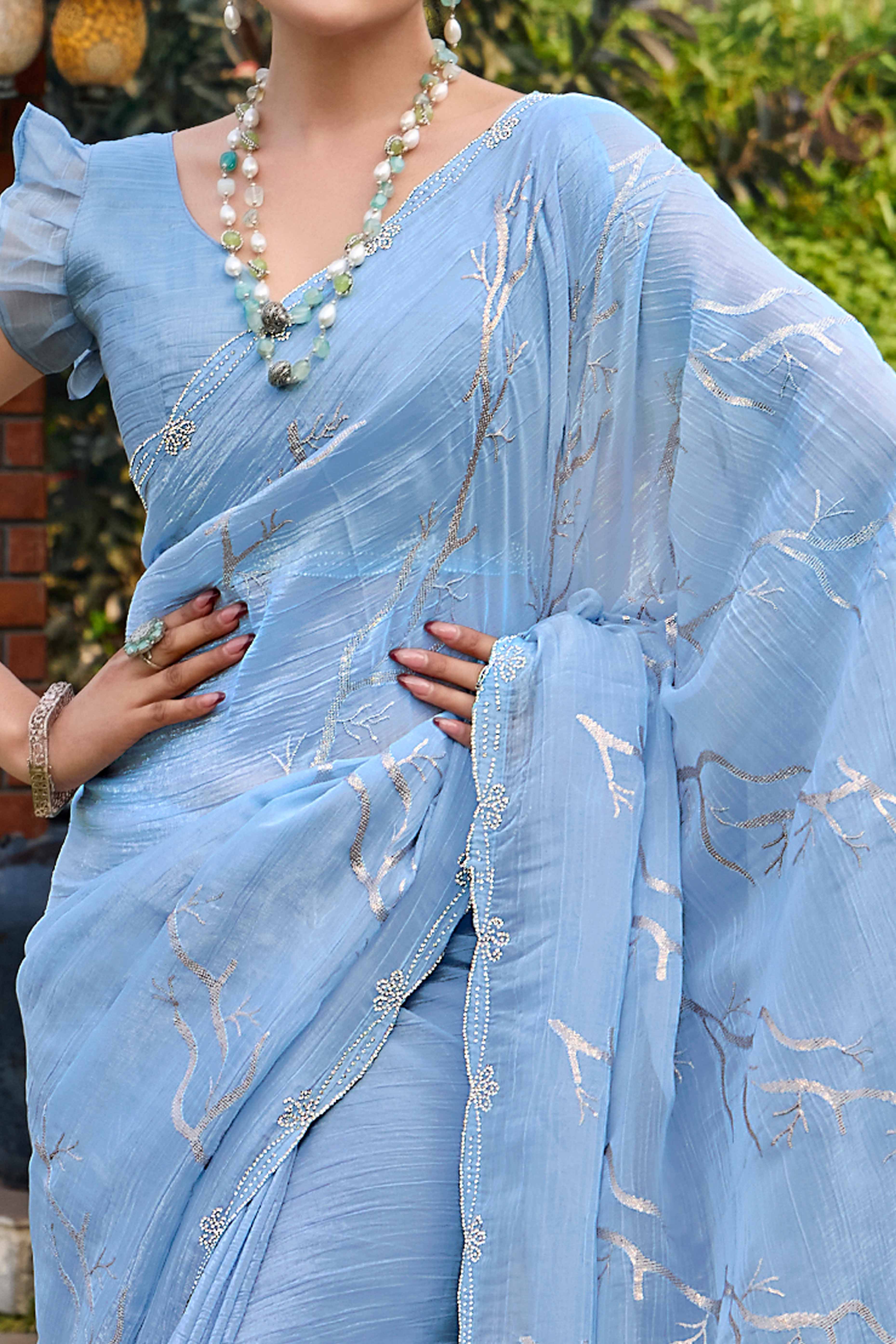 Sky Blue Sequins With Zarkan Work Chiffon Saree