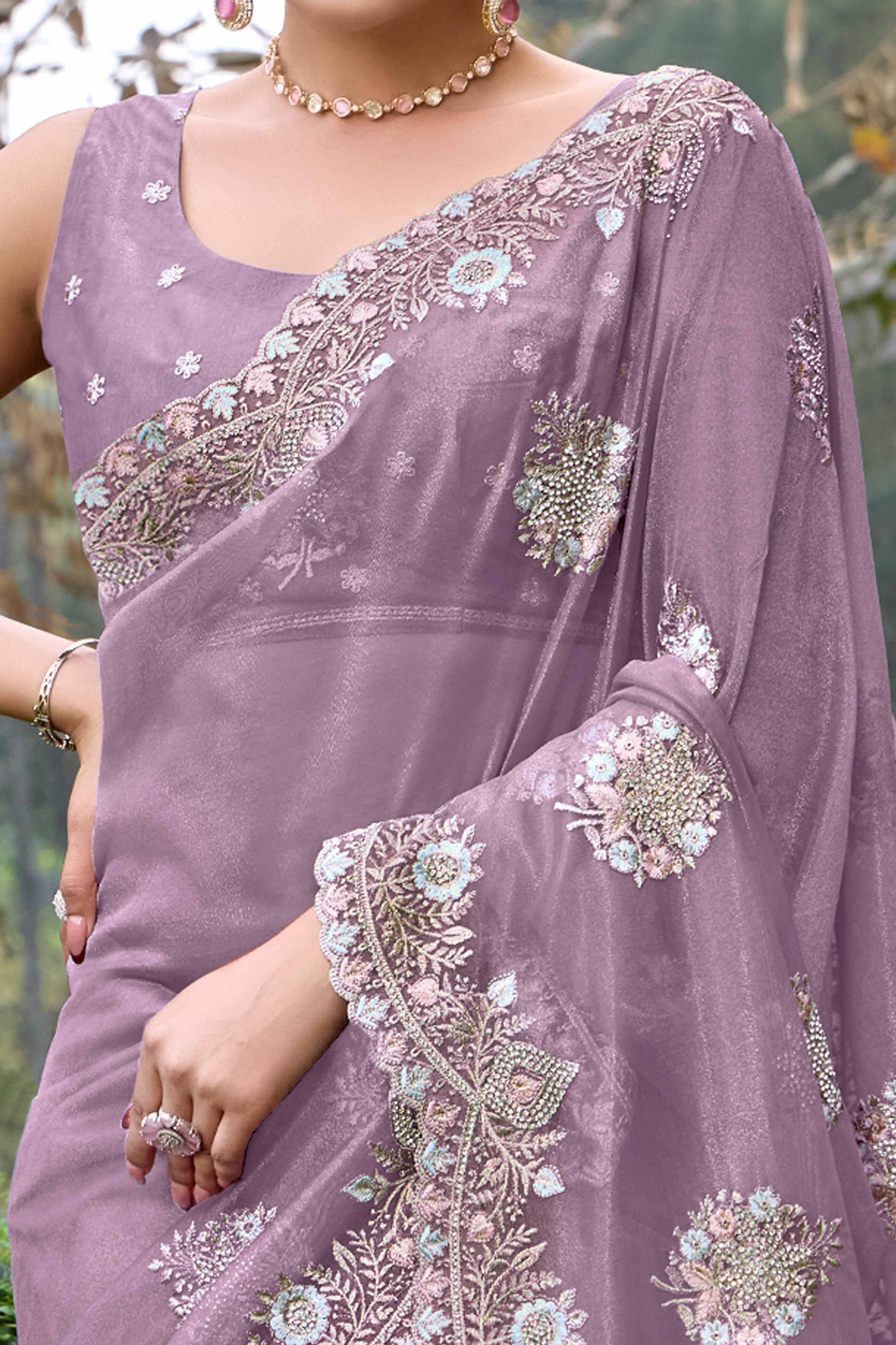 Lavender Floral Embroidery With Zarkan Organza Net Saree