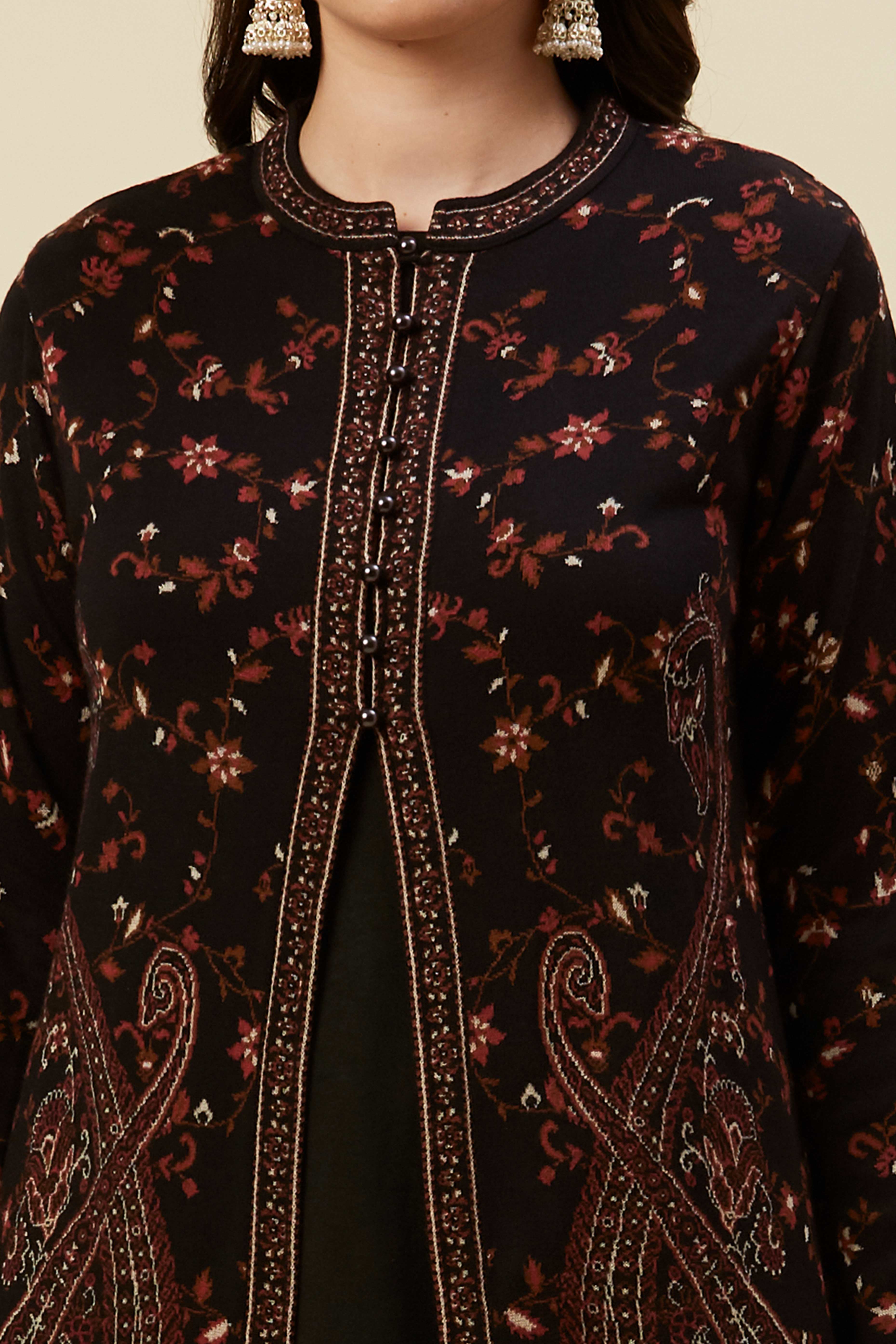 Black Woven Woolen Front Split Top Bottom Set