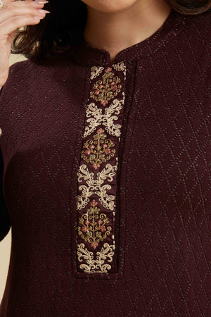 Wine Woven Woolen Straight Top Bottom Set