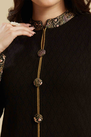 Black Woven Woolen Front Slit Top Bottom Set