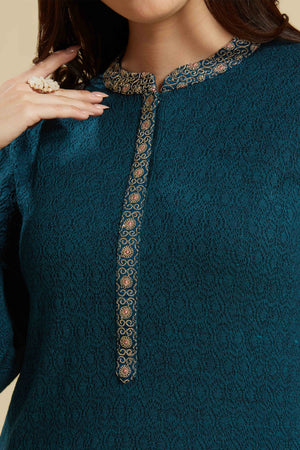 Teal Woven Woolen Straight Top Bottom Set