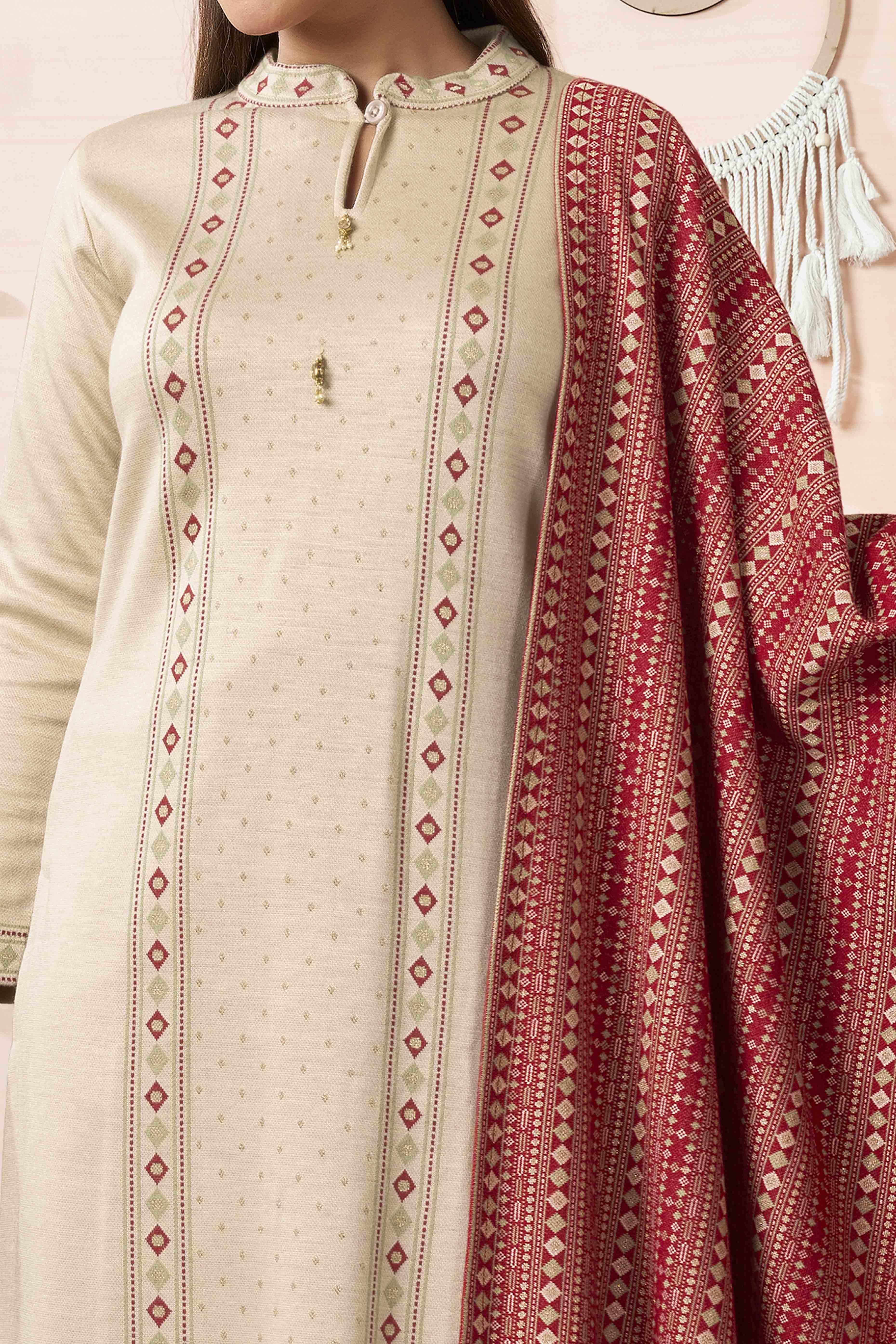 Beige Weaving Woolen Straight Salwar Suit