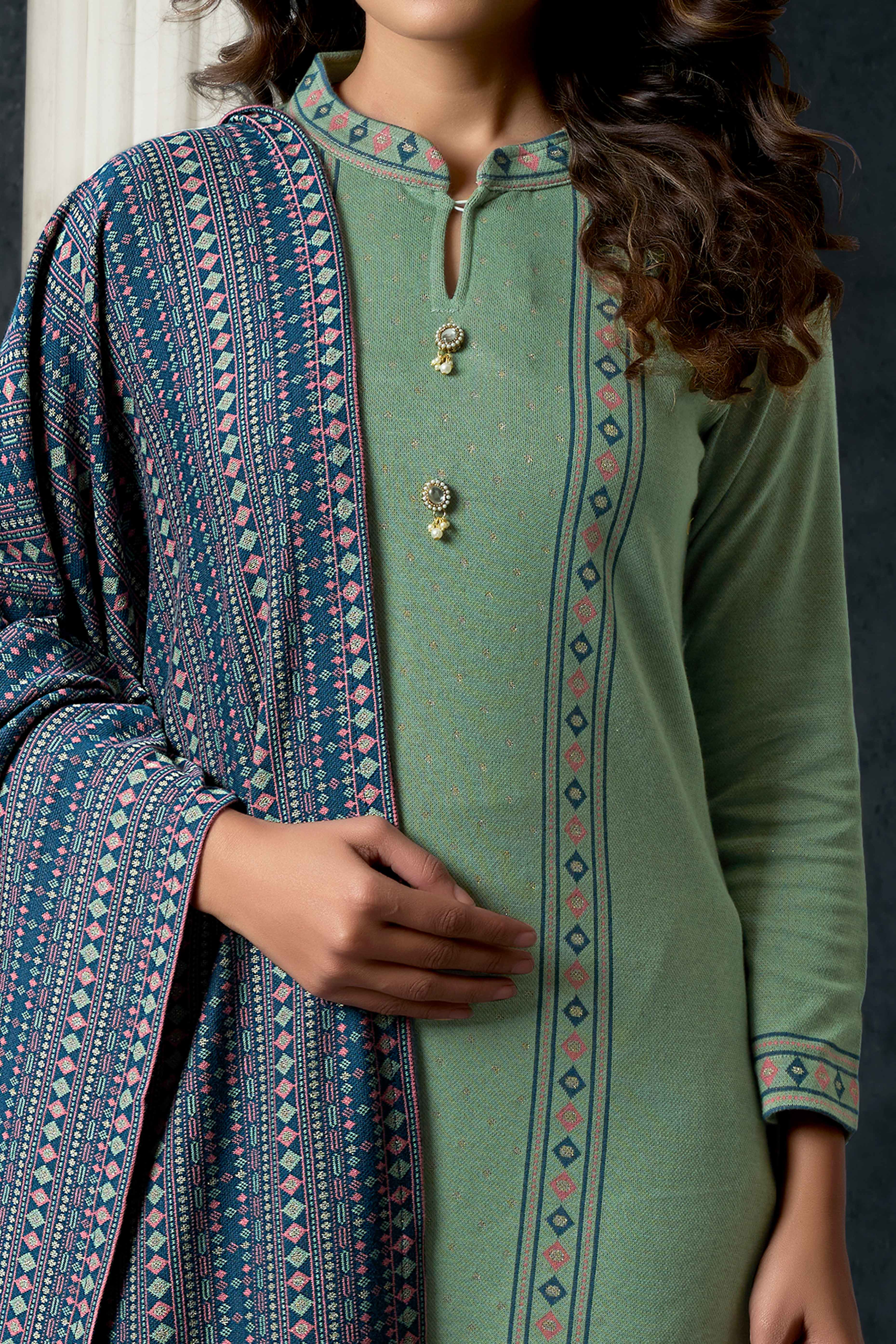 Green Weaving Woolen Straight Salwar Suit