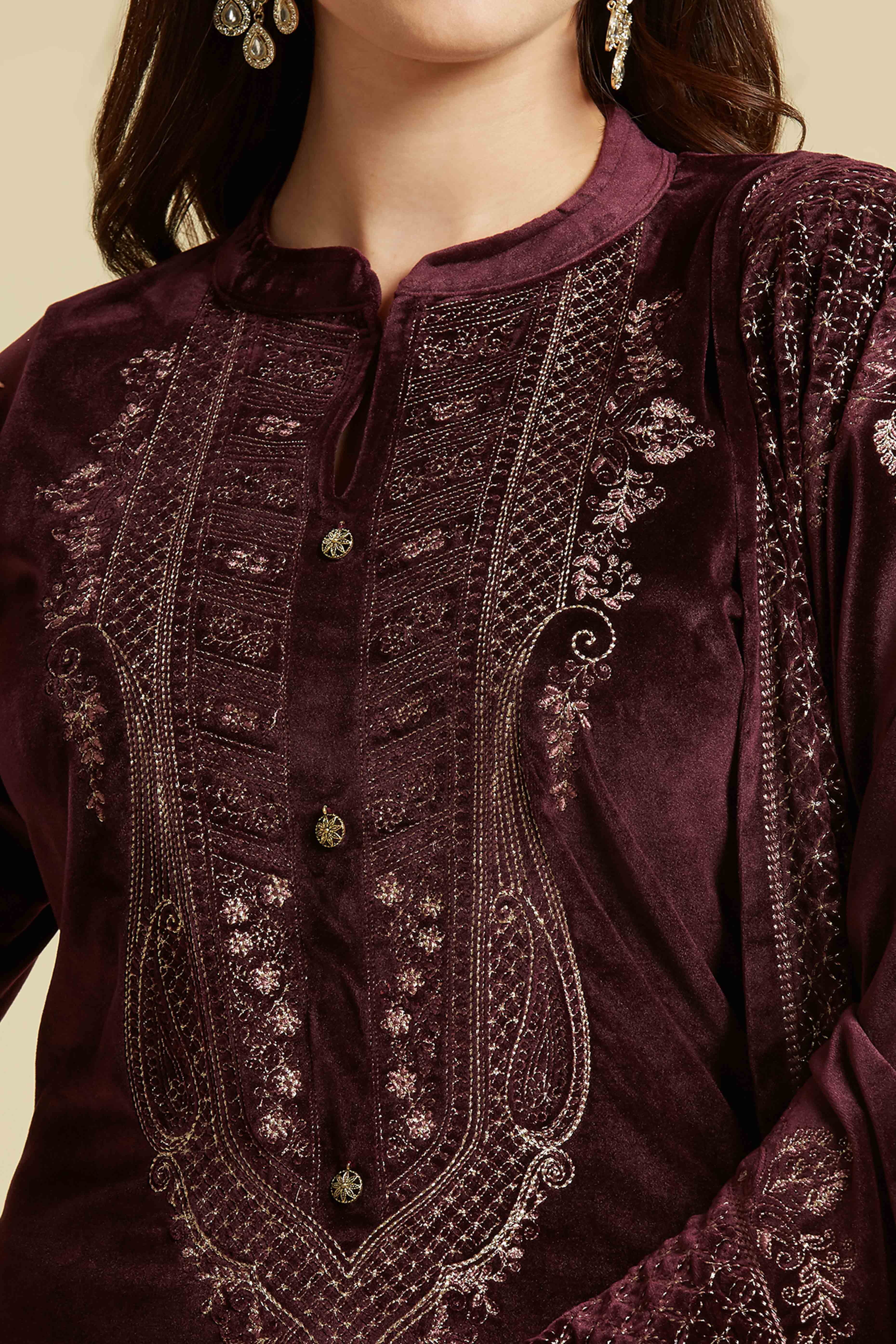 Wine Embroidered Woolen Straight Salwar Suit