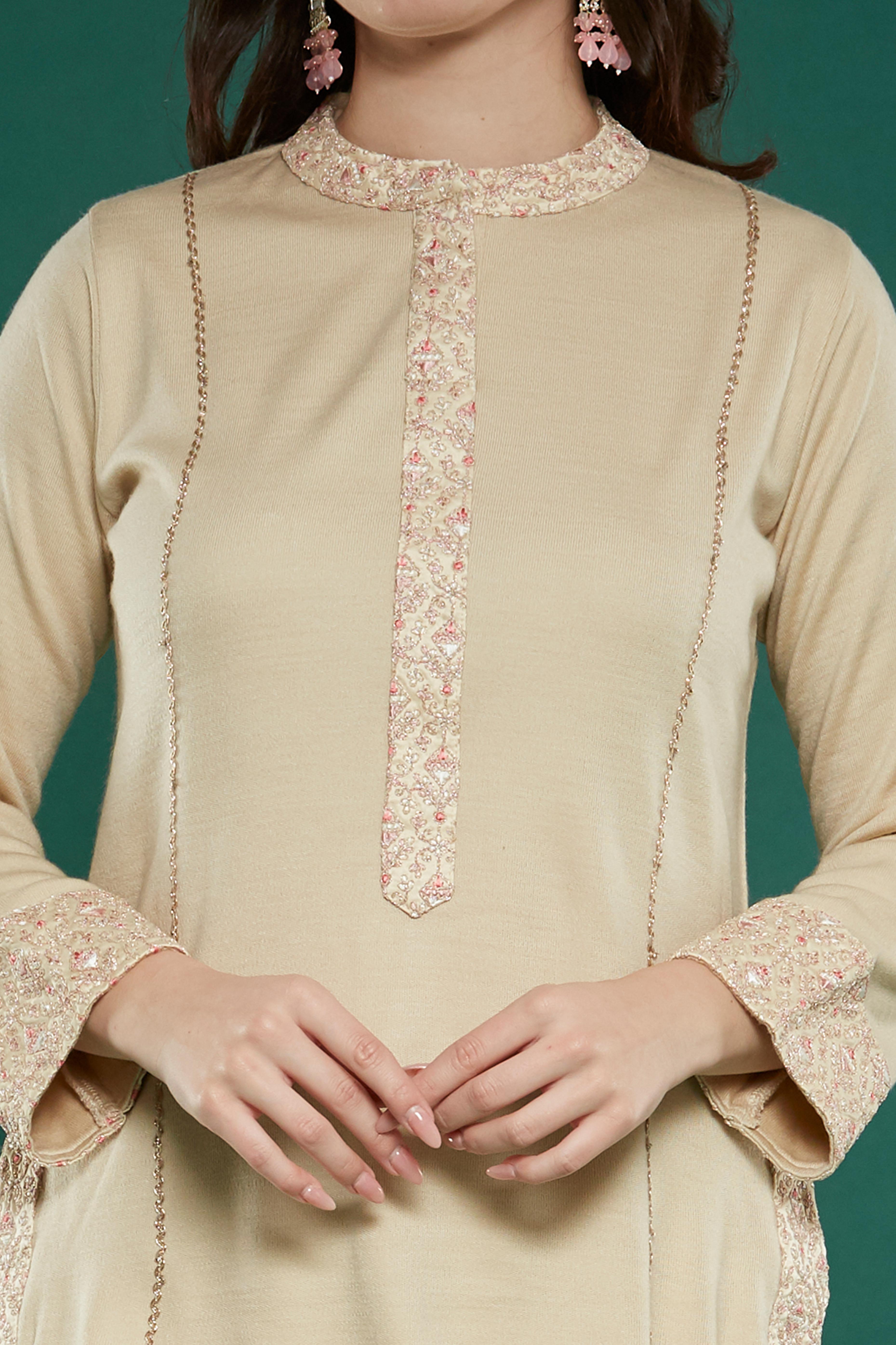 Beige Embroidered Woolen Straight Top Bottom Set