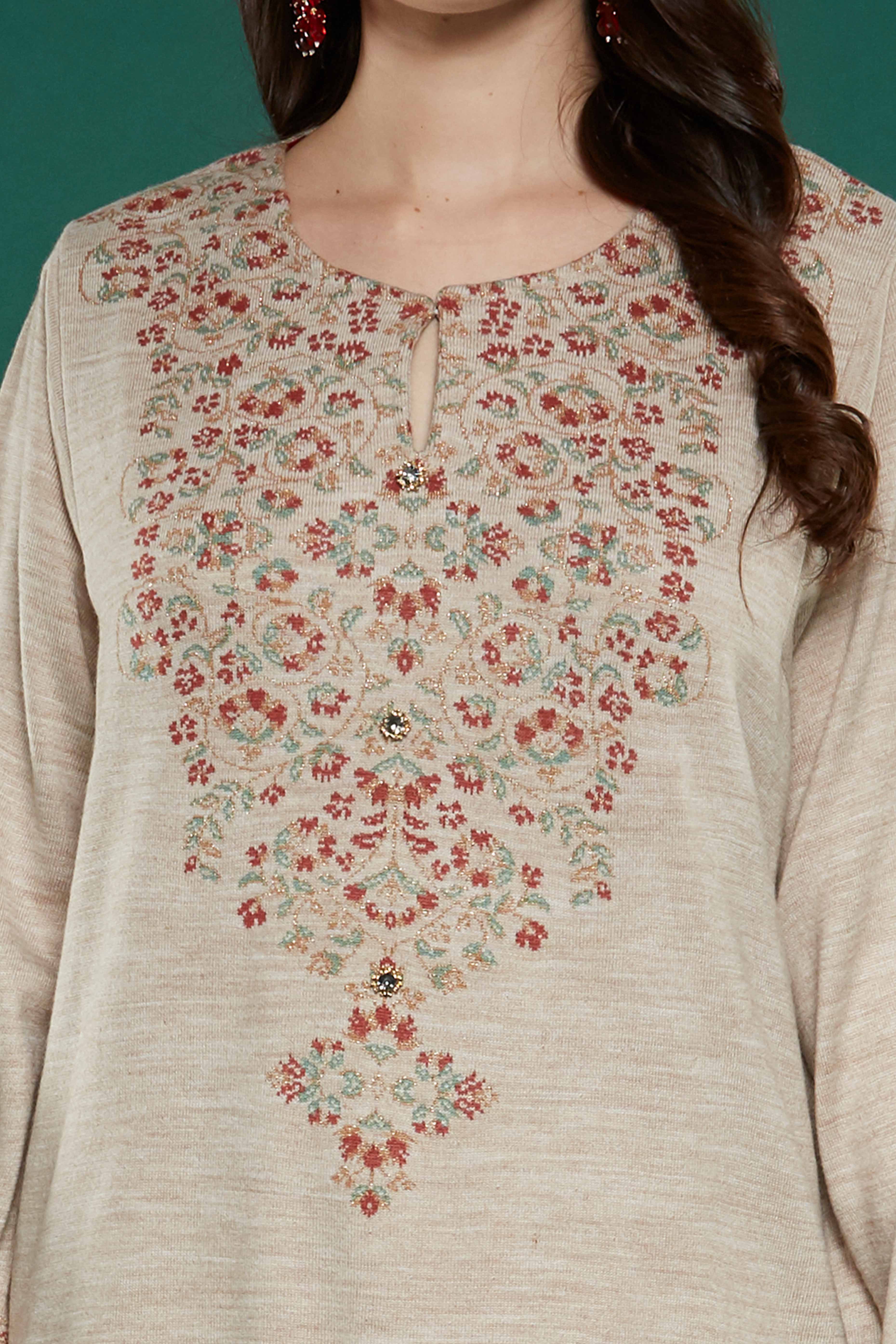 Beige Floral Woven Woolen Straight Kurti