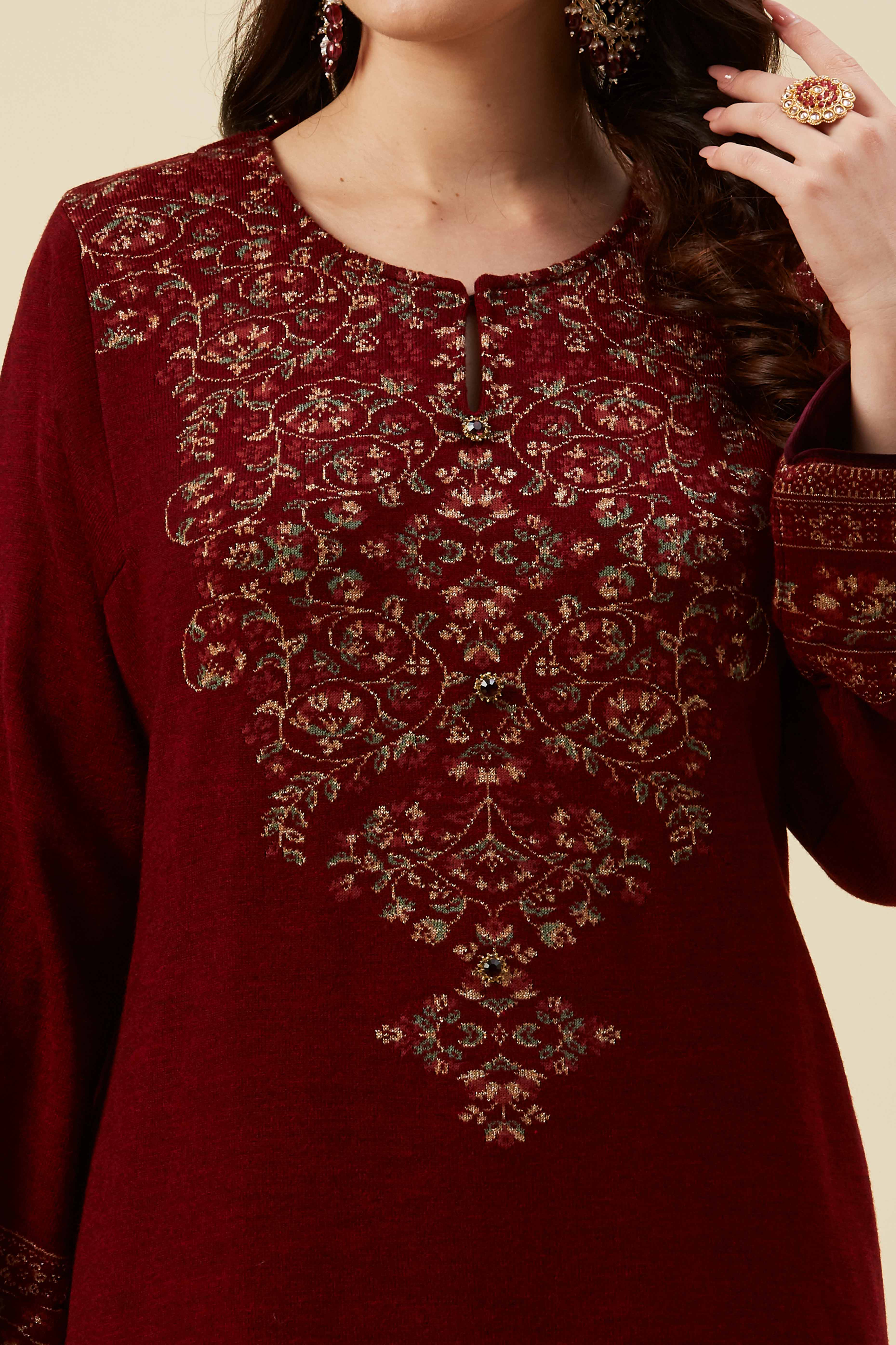 Maroon Floral Woven Woolen Straight Kurti