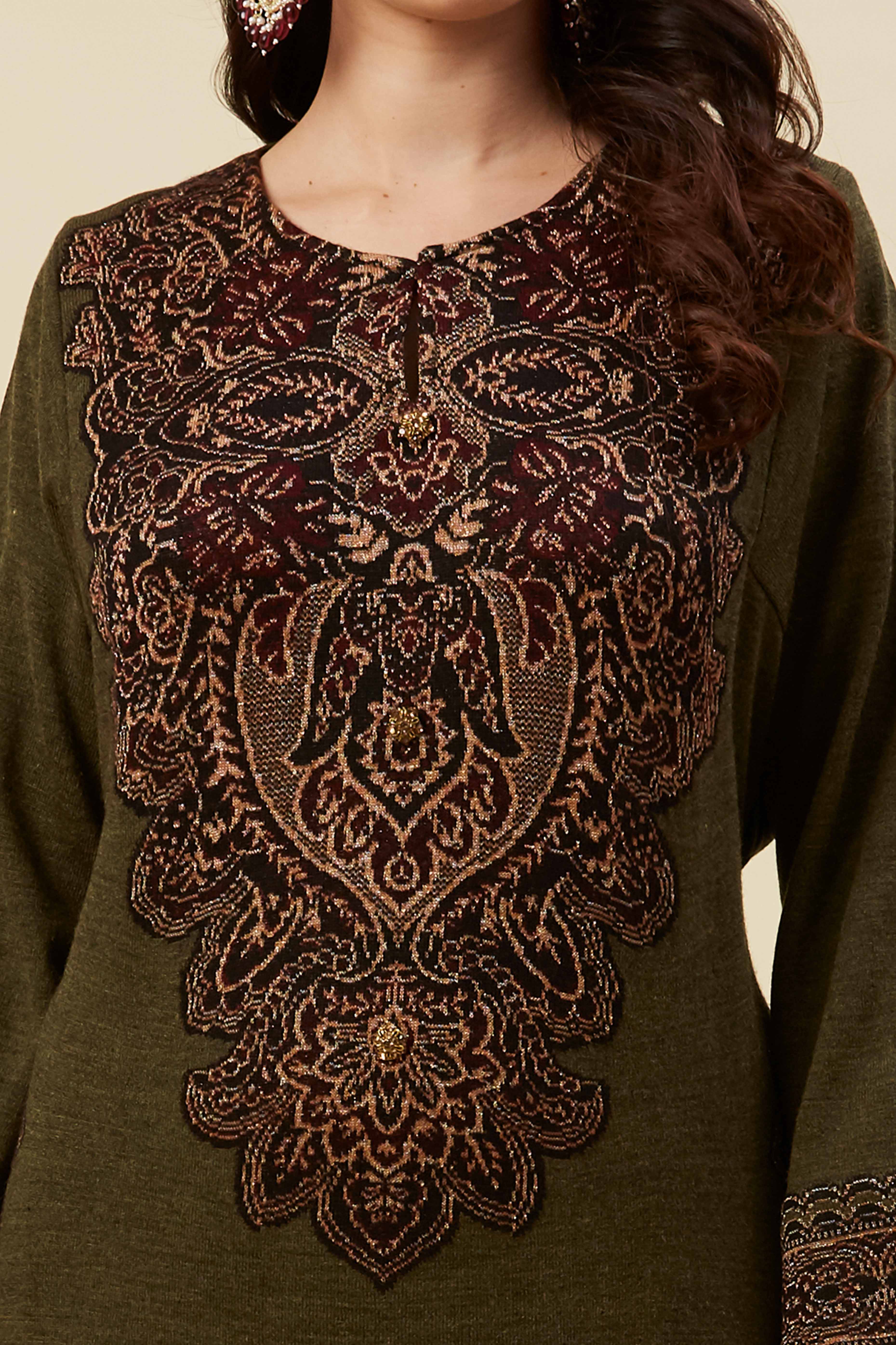 Olive Embroidered Woolen Straight Kurti